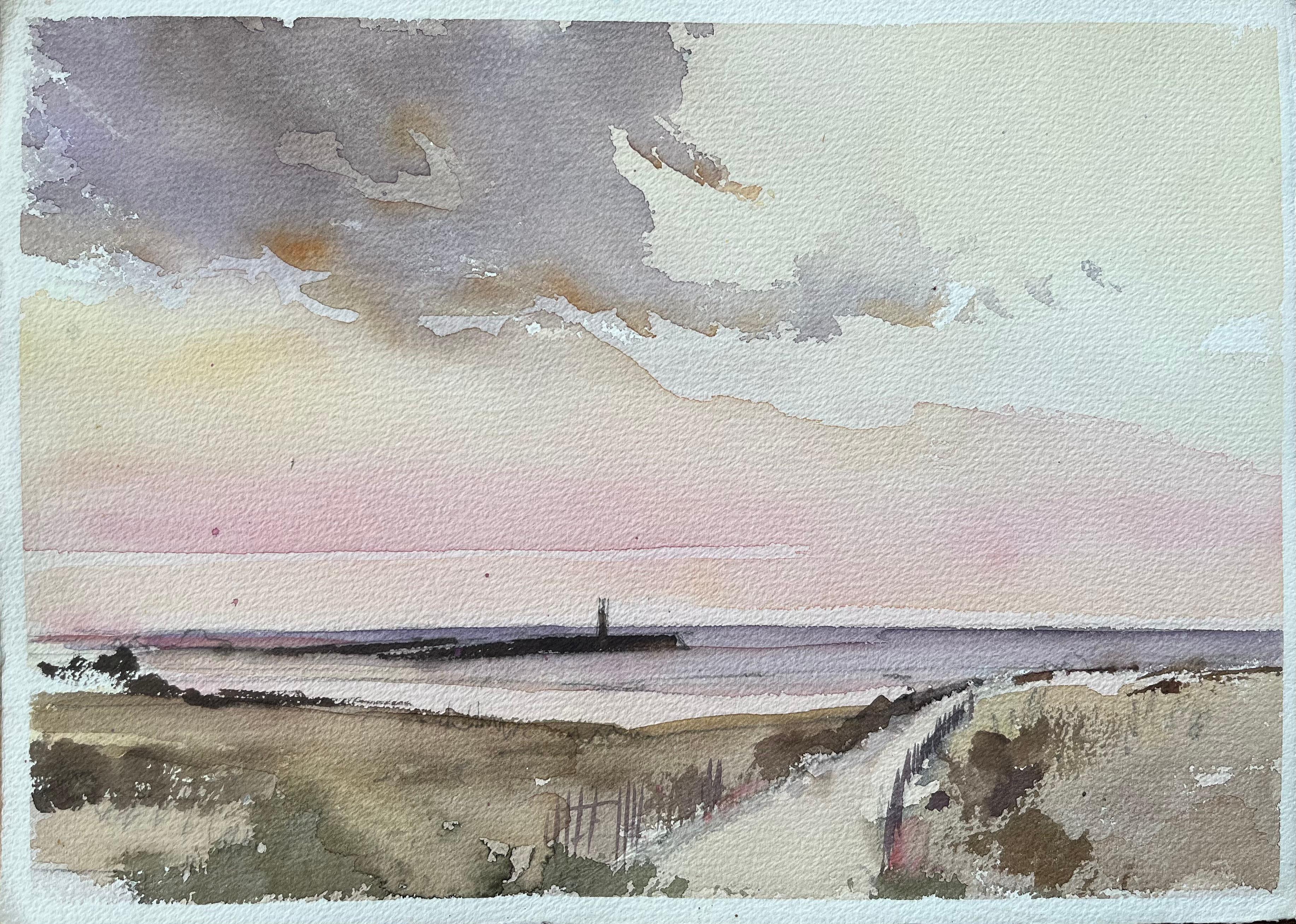 British Impressionist Watercolor of a Coastal Scene with a Lighthouse at Dusk