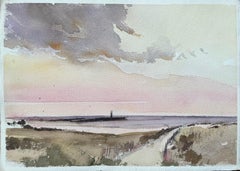 British Impressionist Watercolor of a Coastal Scene with a Lighthouse at Dusk