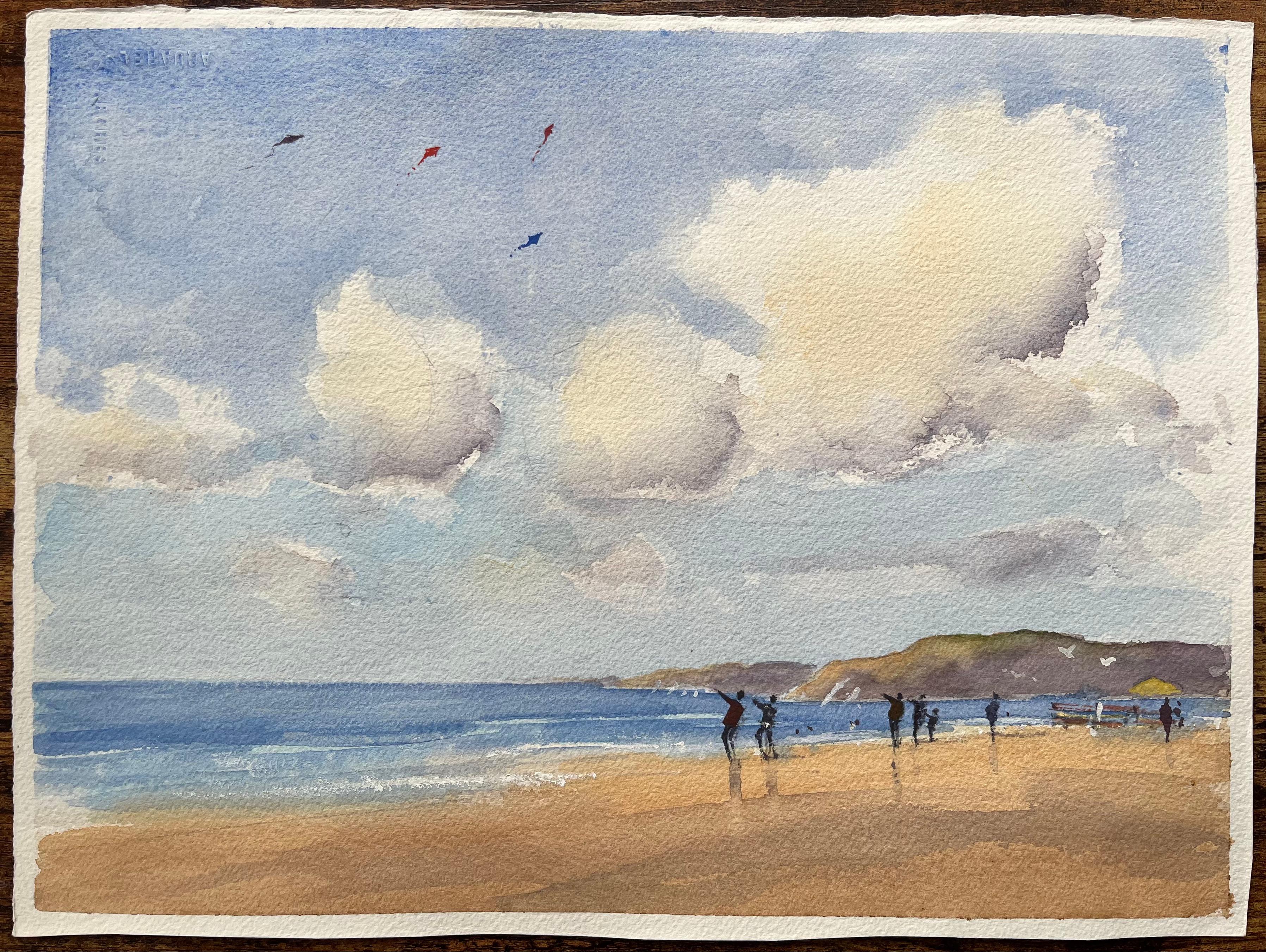 Britischer Impressionist Aquarell einer Küstenszene mit Drachenfliegern – Painting von Anthony Avery