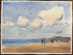 Acquerello impressionista britannico di una scena costiera con aquiloni in volo