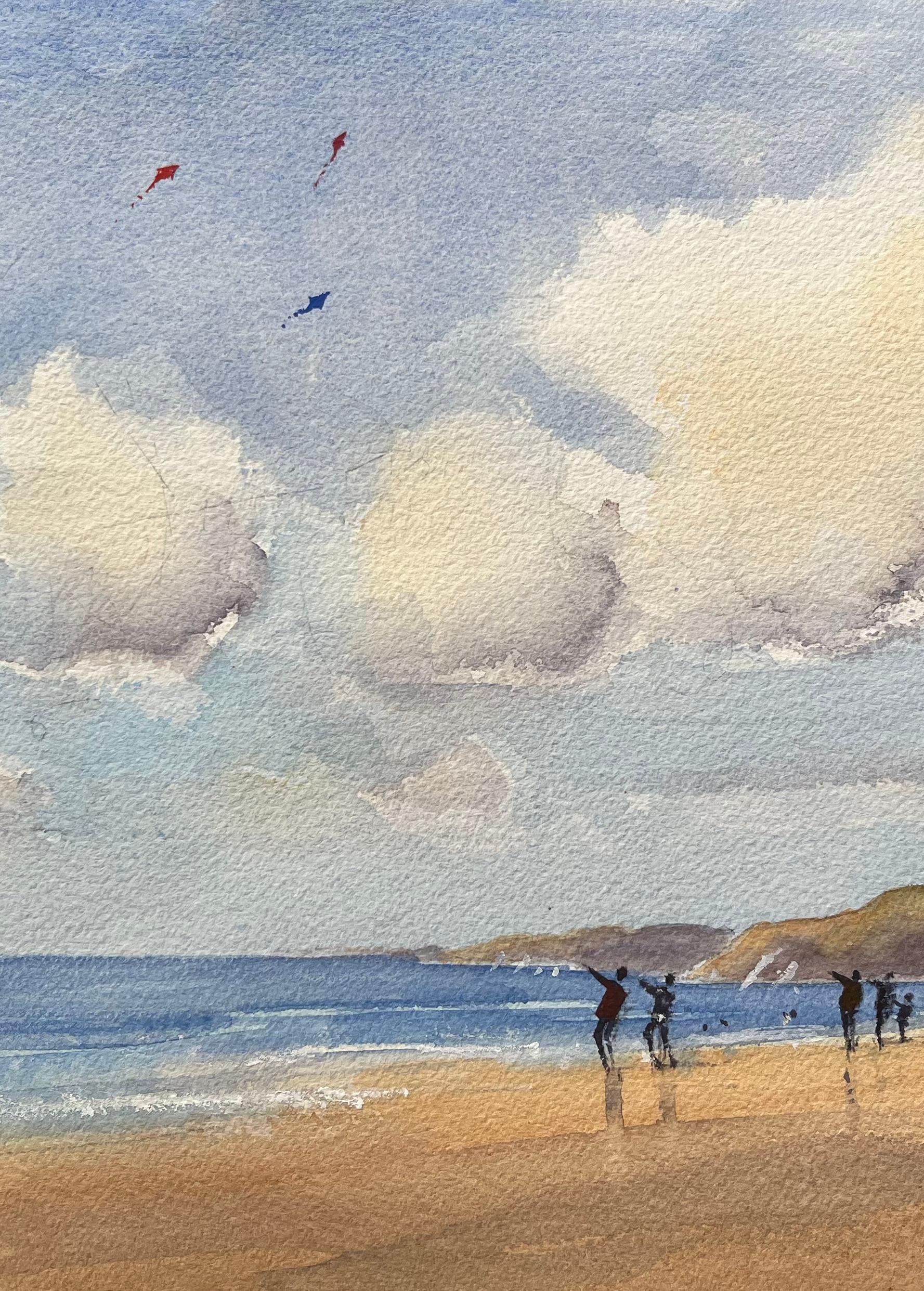 Britischer Impressionist Aquarell einer Küstenszene mit Drachenfliegern (Impressionismus), Painting, von Anthony Avery