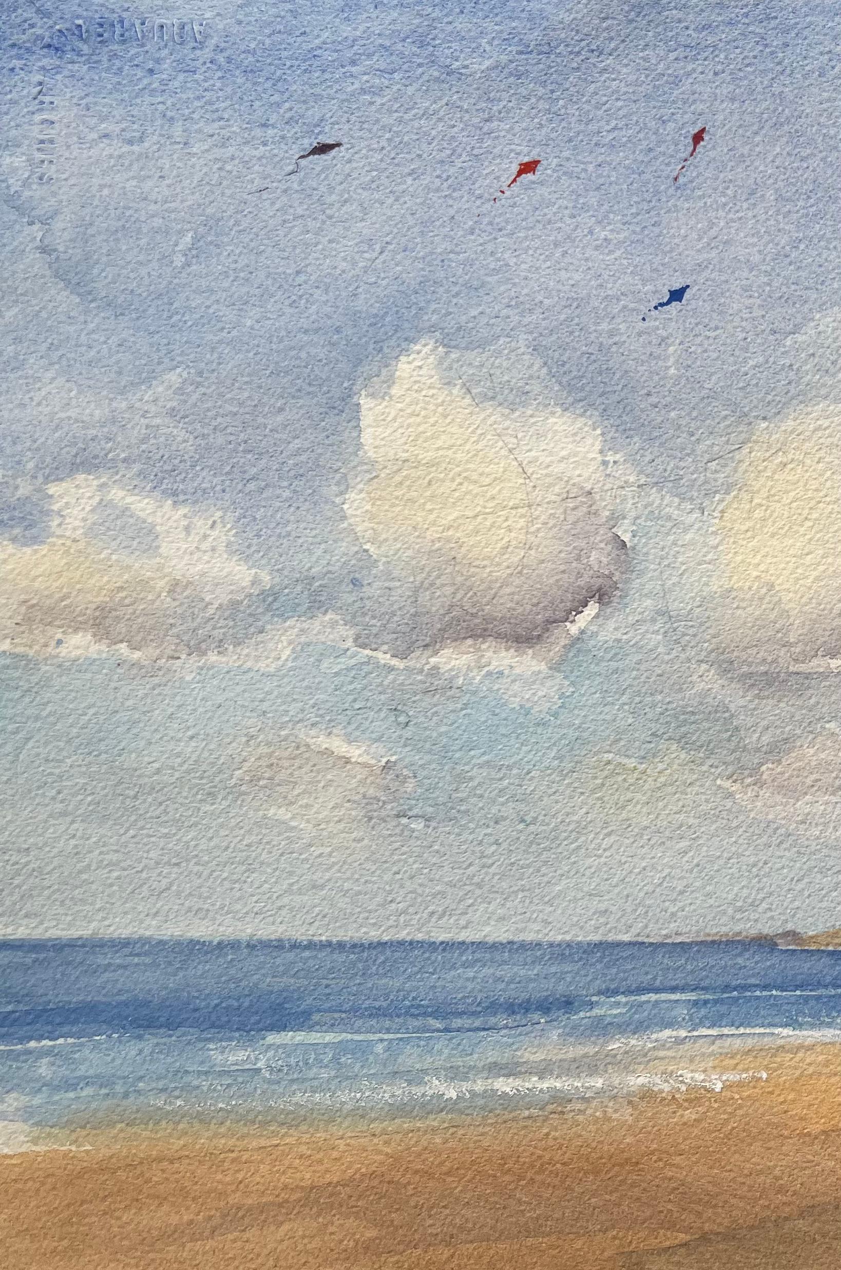 Britischer Impressionist Aquarell einer Küstenszene mit Drachenfliegern (Grau), Landscape Painting, von Anthony Avery