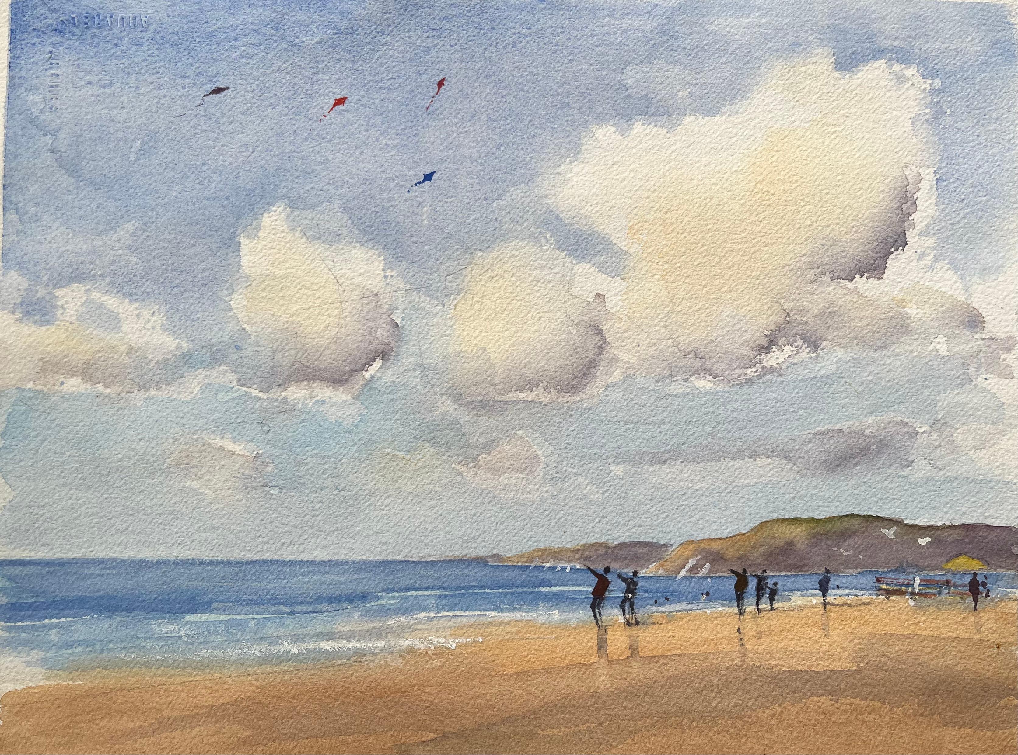 Aquarelle impressionniste britannique d'une scène côtière avec des voleurs de cerfs