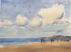 British Impressionist Watercolor of a Coastal Scene with Kite Flyers