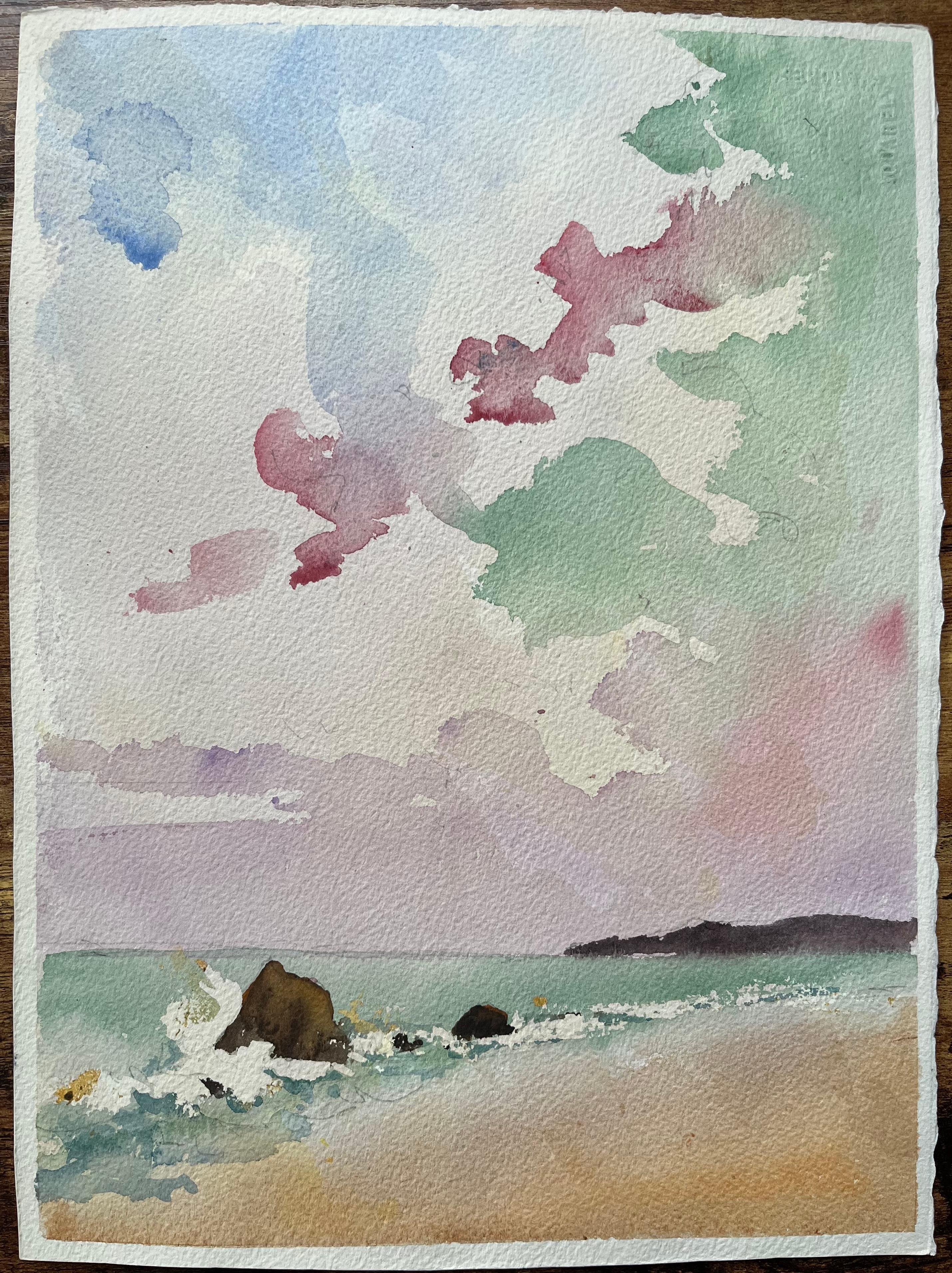 Britisches impressionistisches Aquarell einer Küstenlandschaft mit lebhaftem Himmel, British Impressionist – Painting von Anthony Avery