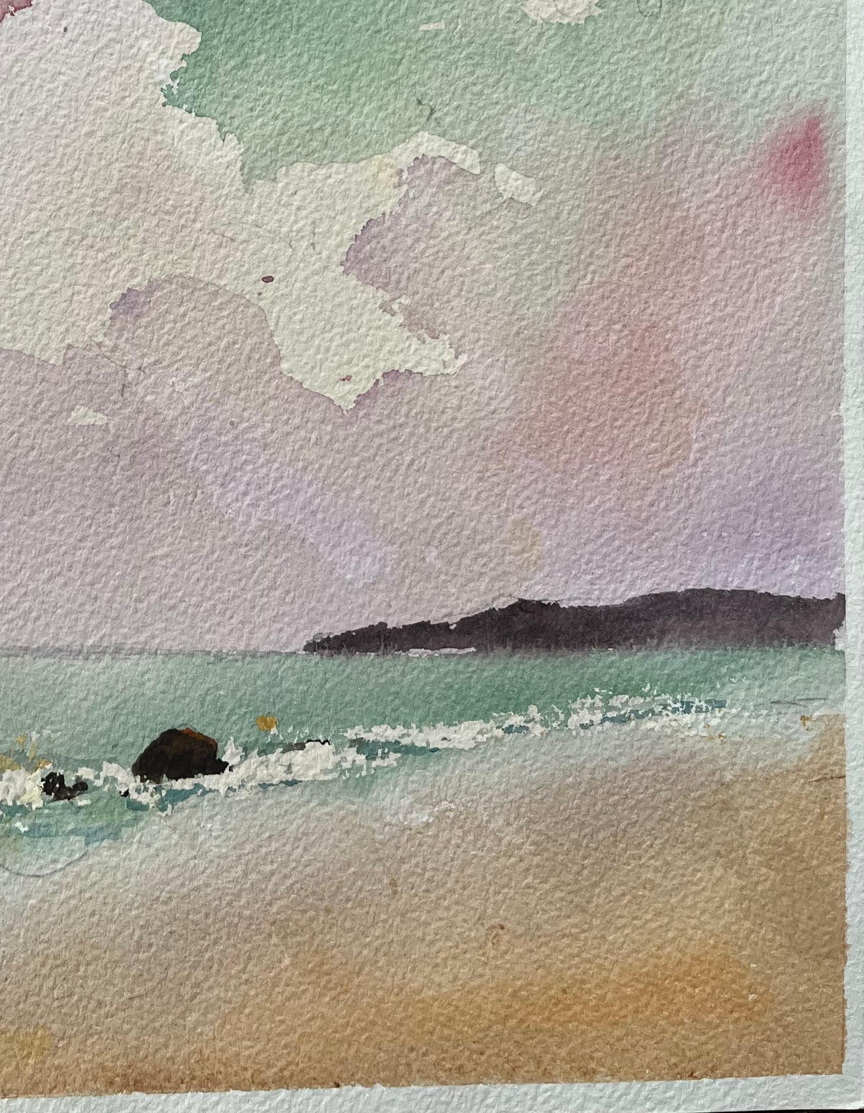 Britisches impressionistisches Aquarell einer Küstenlandschaft mit lebhaftem Himmel, British Impressionist (Grau), Landscape Painting, von Anthony Avery