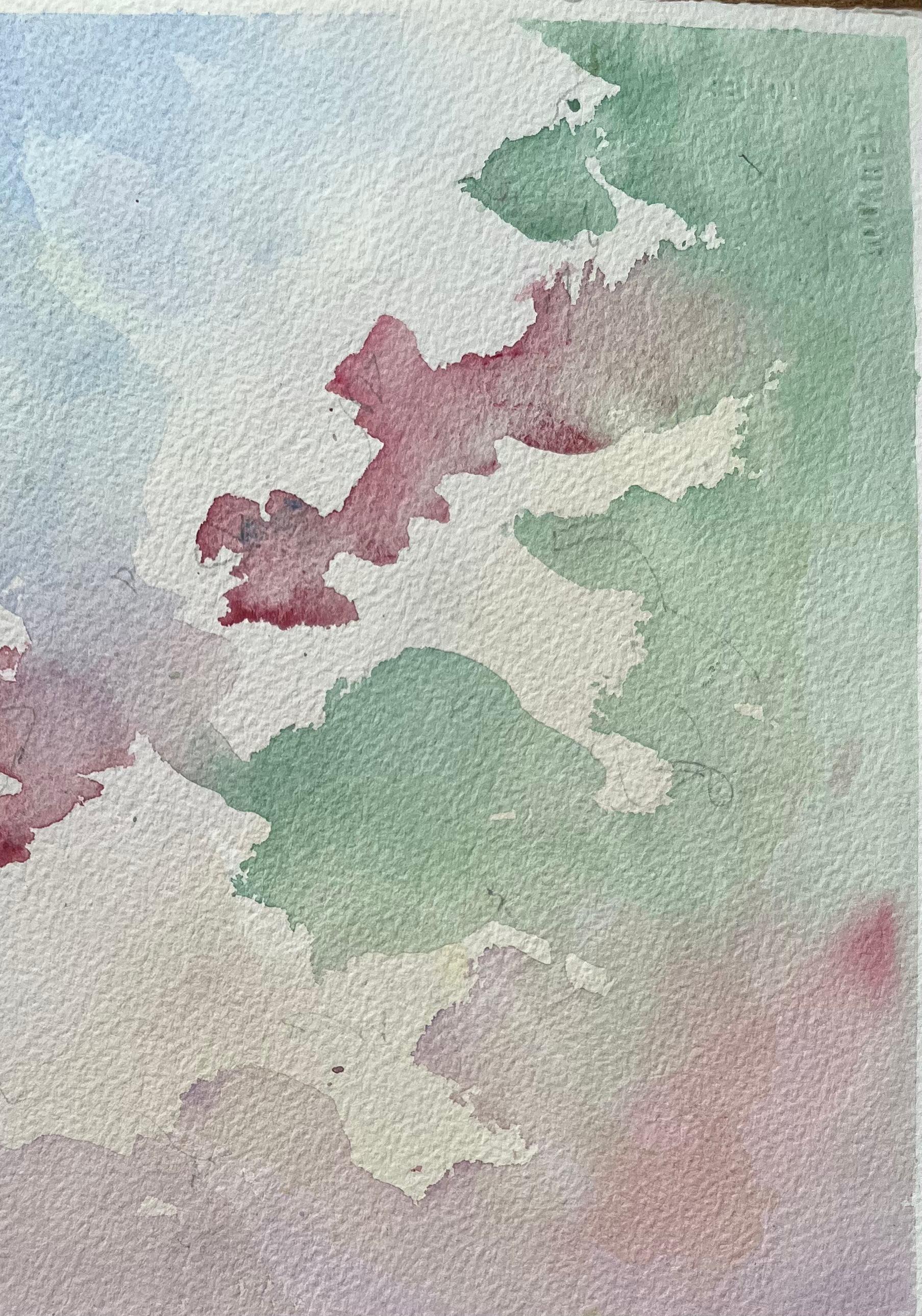 Titel: Britischer Impressionist - Aquarell einer Küstenlandschaft mit leuchtendem Himmel  
Von Anthony Avery (Brite 1946-2023)
Original-Aquarell auf Künstlerpapier, ungerahmt
Abmessungen: 15 x 11,25 Zoll (Höhe x Breite)
Zustand: Gut, mit leichten