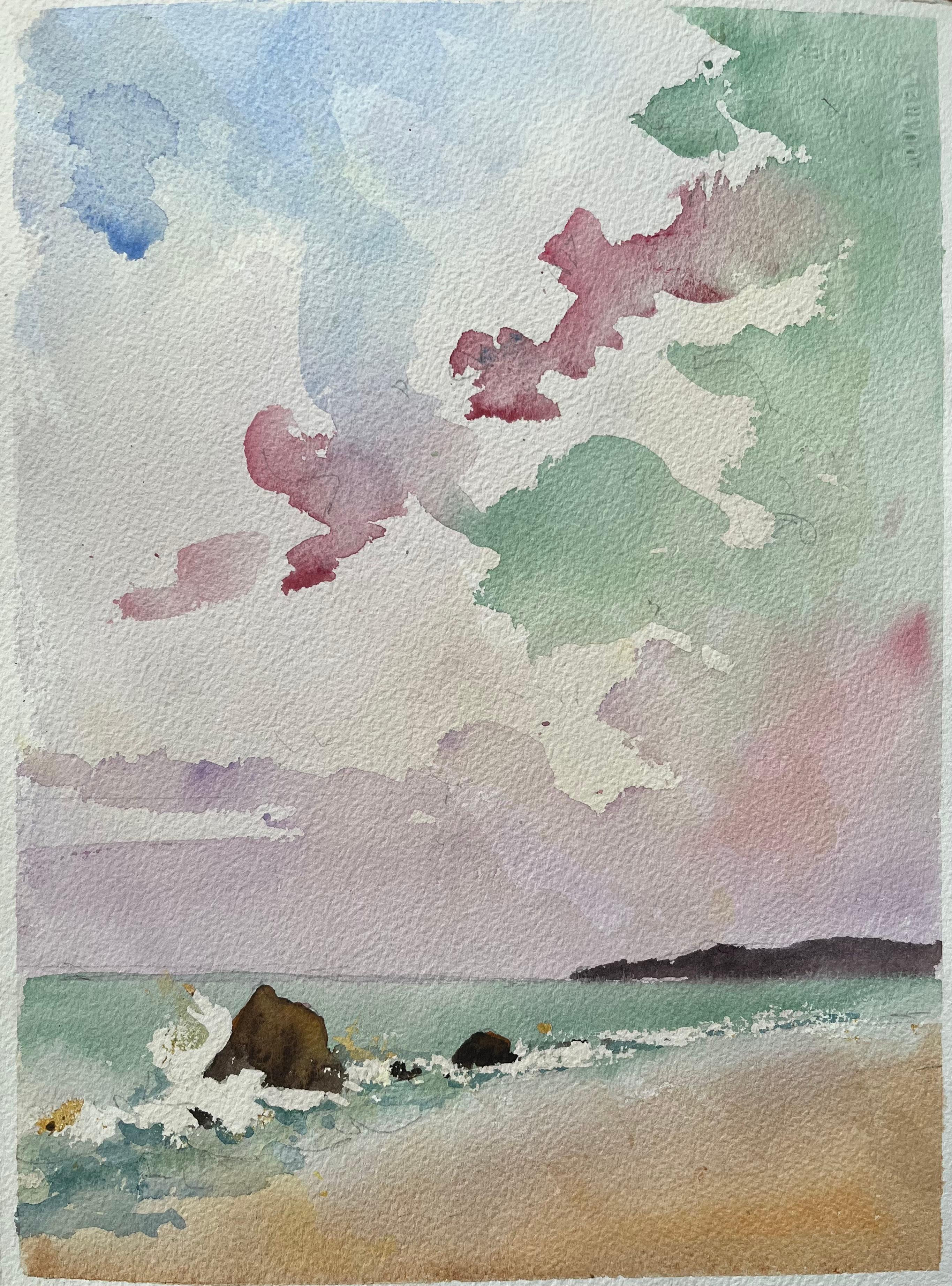 Britisches impressionistisches Aquarell einer Küstenlandschaft mit lebhaftem Himmel, British Impressionist