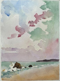 British Impressionist Watercolor of a Coastal Seascape with Vibrant Sky