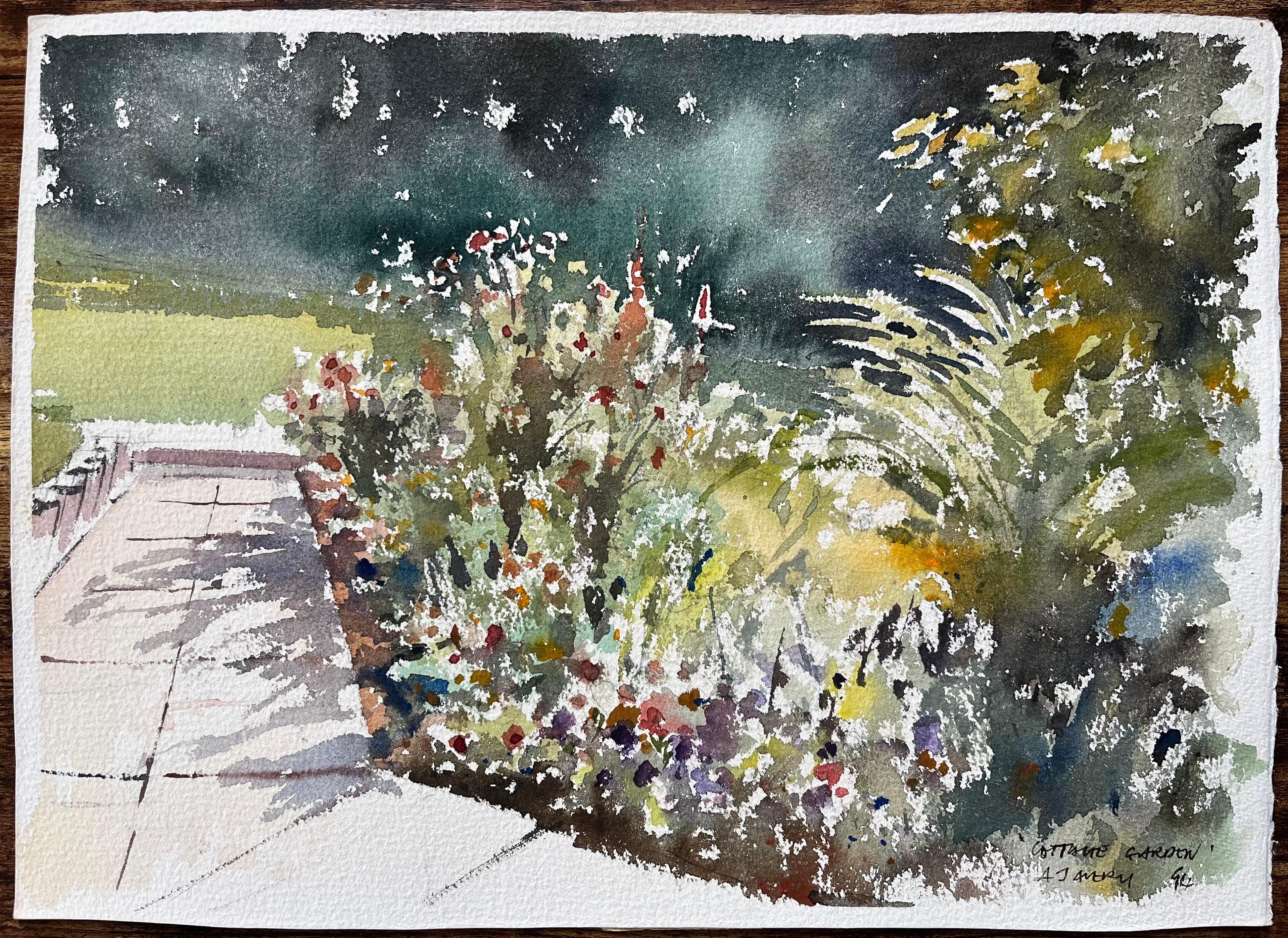 Britisches impressionistisches Aquarell eines Cottage-Gartens – Painting von Anthony Avery