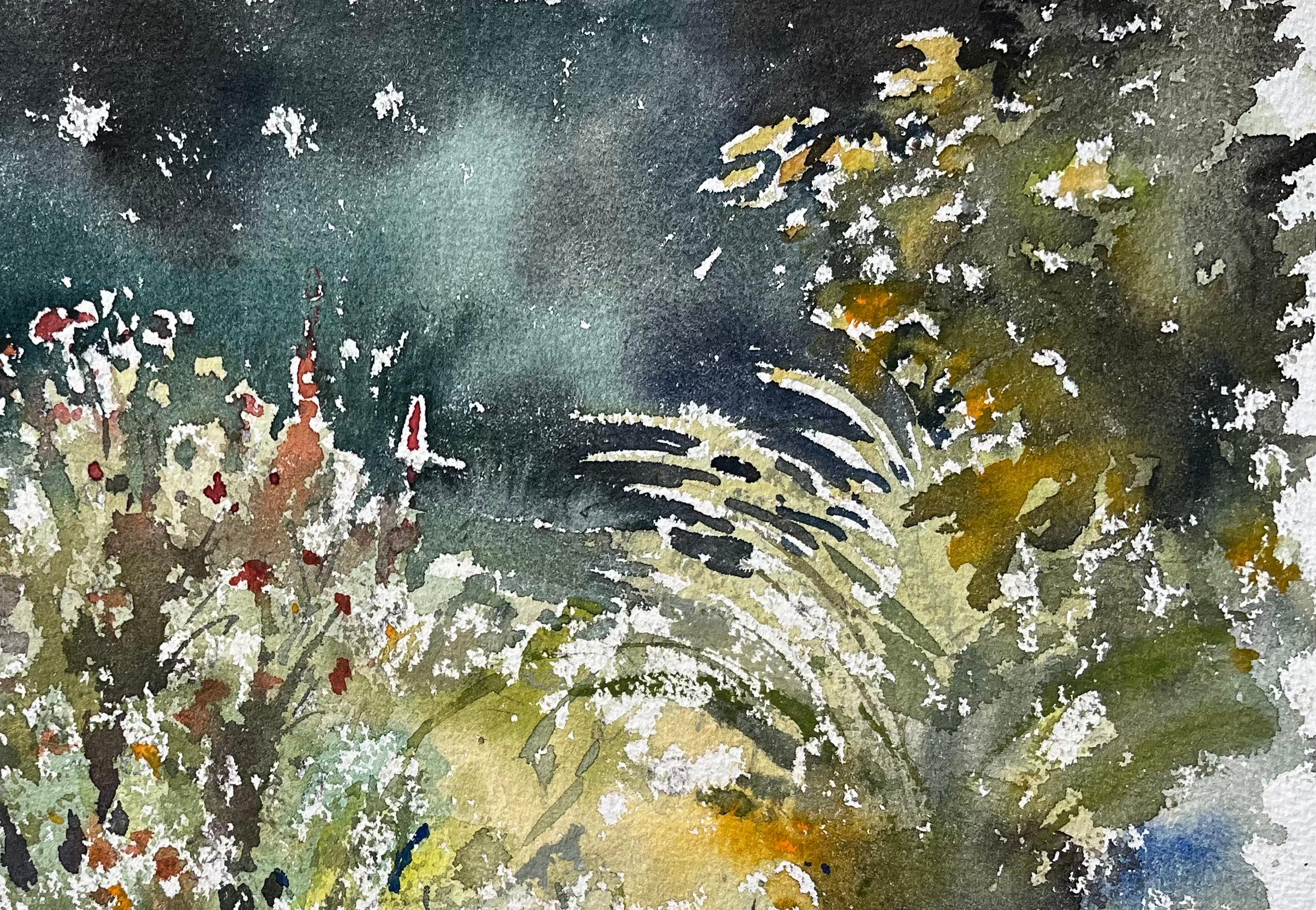 Britisches impressionistisches Aquarell eines Cottage-Gartens (Grau), Landscape Painting, von Anthony Avery