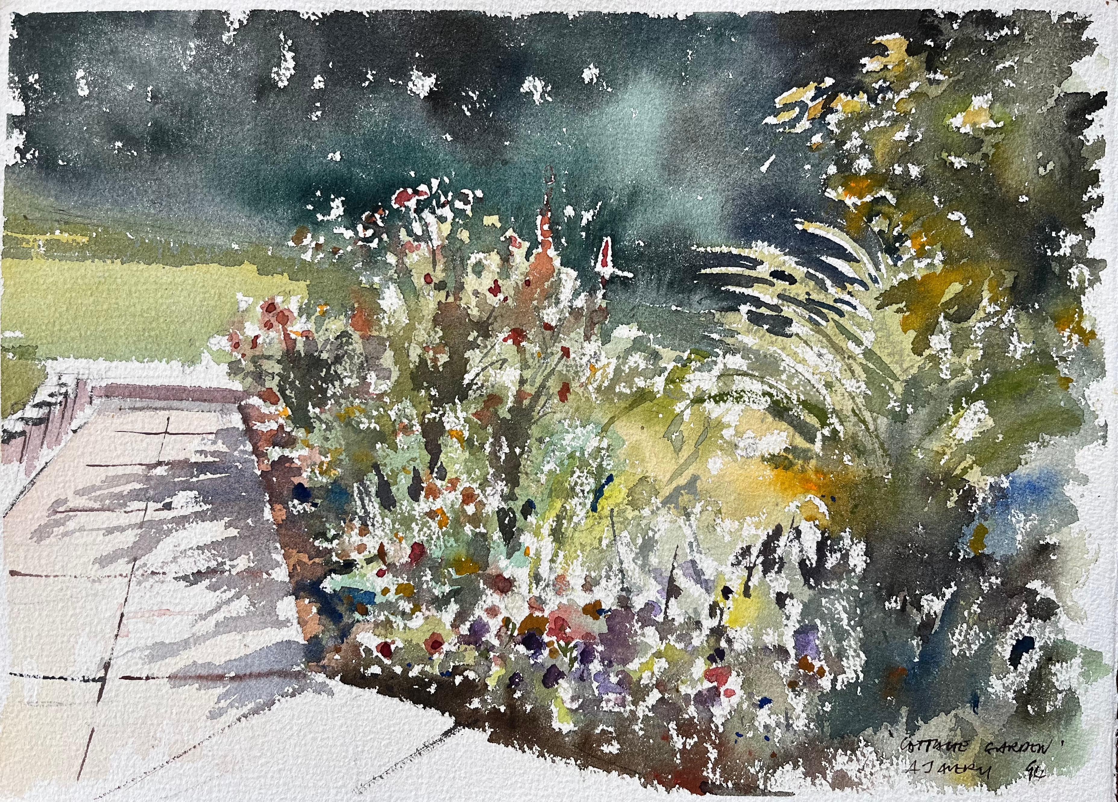 British Impressionist Watercolor of a Cottage Garden