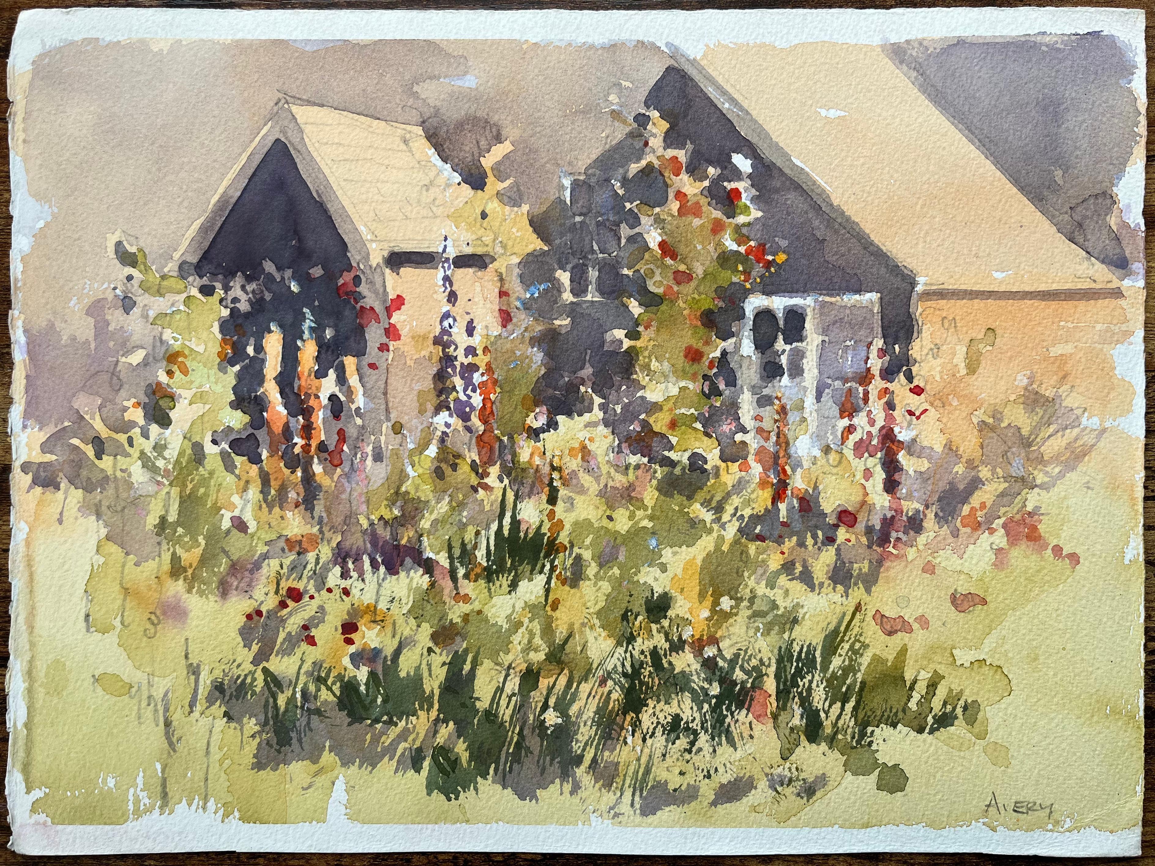 Britisches impressionistisches Aquarell eines Cottage-Gartens in Blüte – Painting von Anthony Avery