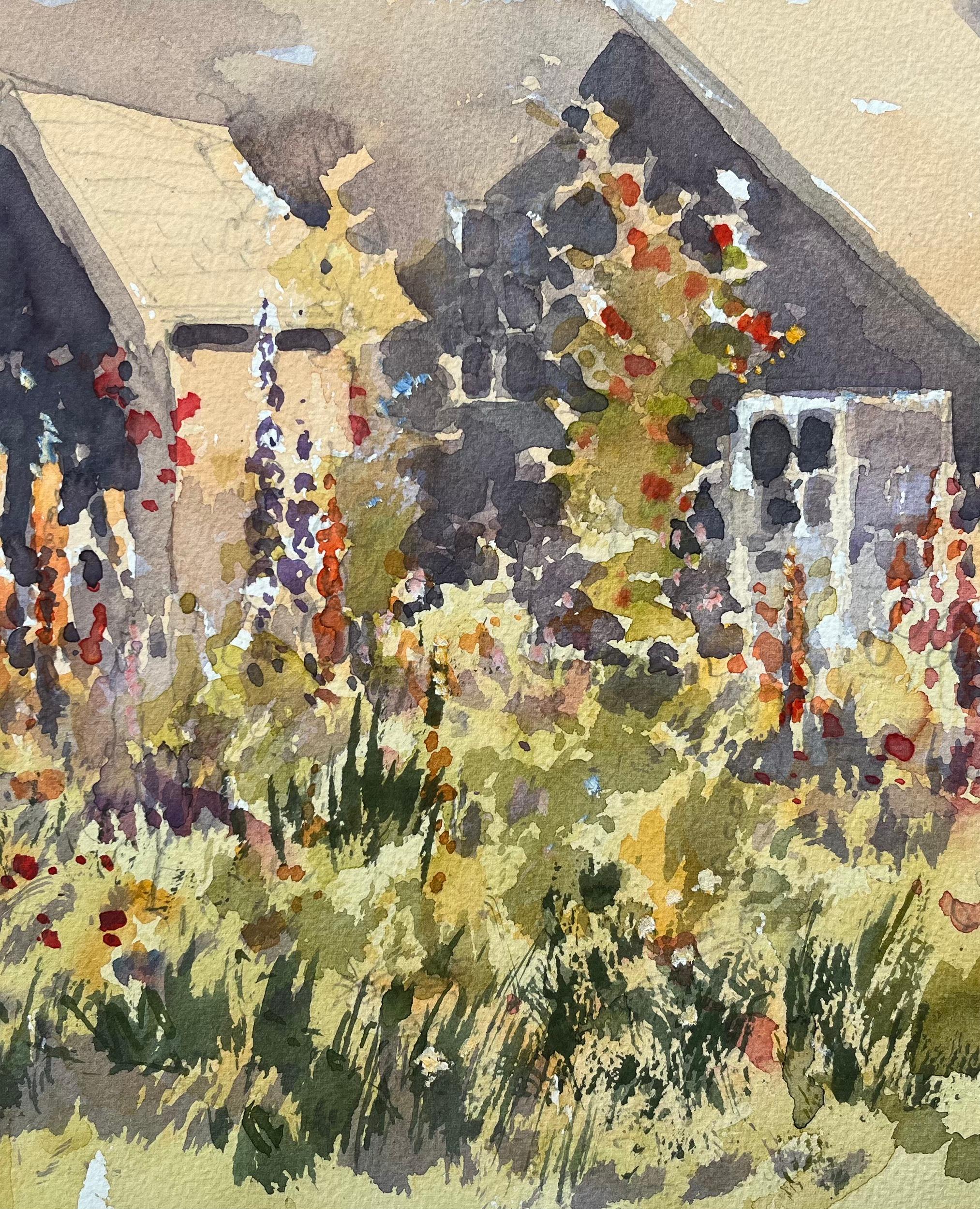 Britisches impressionistisches Aquarell eines Cottage-Gartens in Blüte (Beige), Landscape Painting, von Anthony Avery