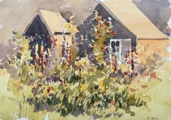 British Impressionist Watercolor of a Cottage Garden in Bloom