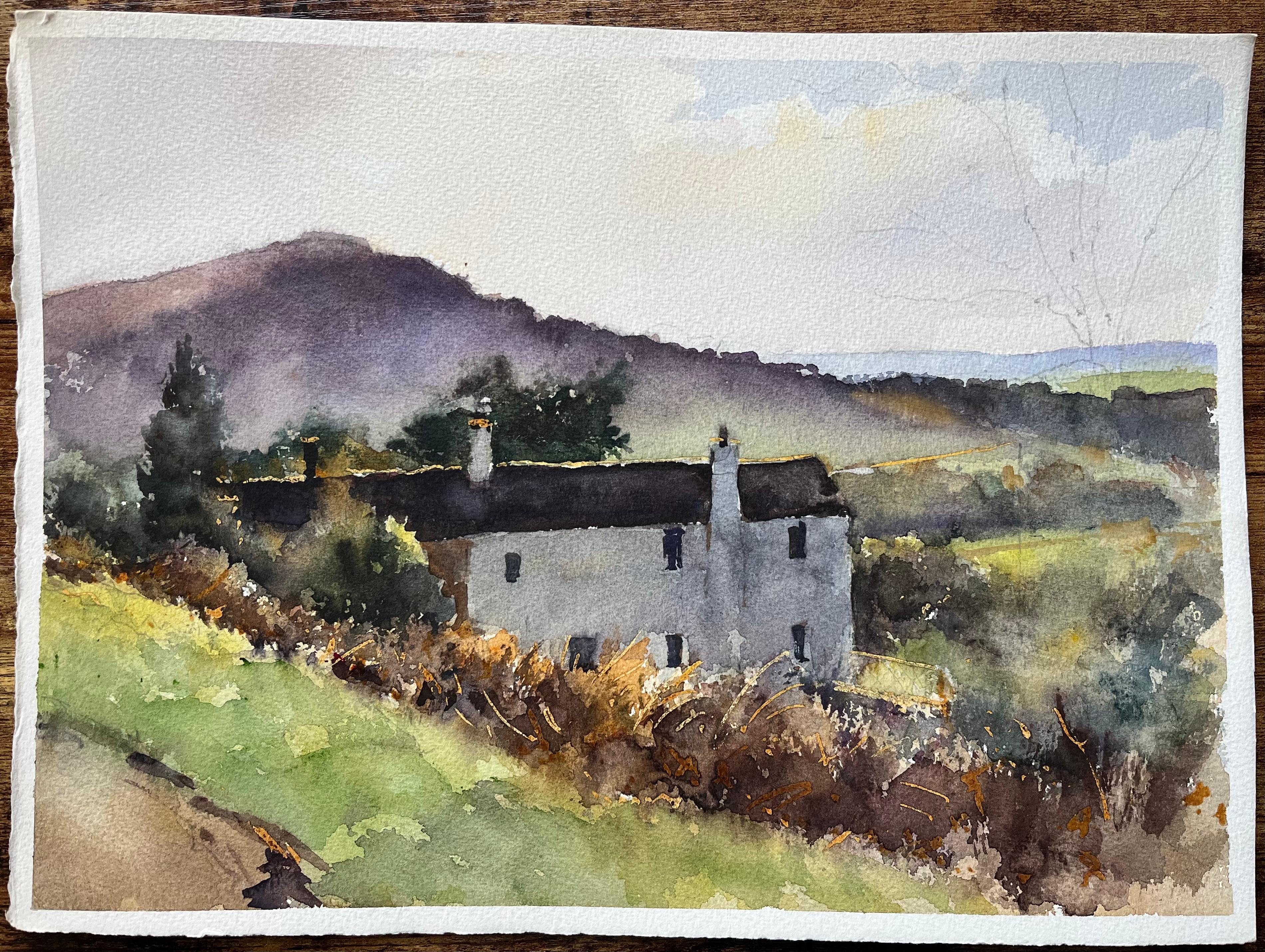 Britisches impressionistisches Aquarell eines Cottages in einer Mischung aus der britischen Landschaft – Painting von Anthony Avery
