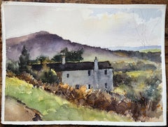 Acquerello impressionista britannico di un cottage in una campagna nebbiosa
