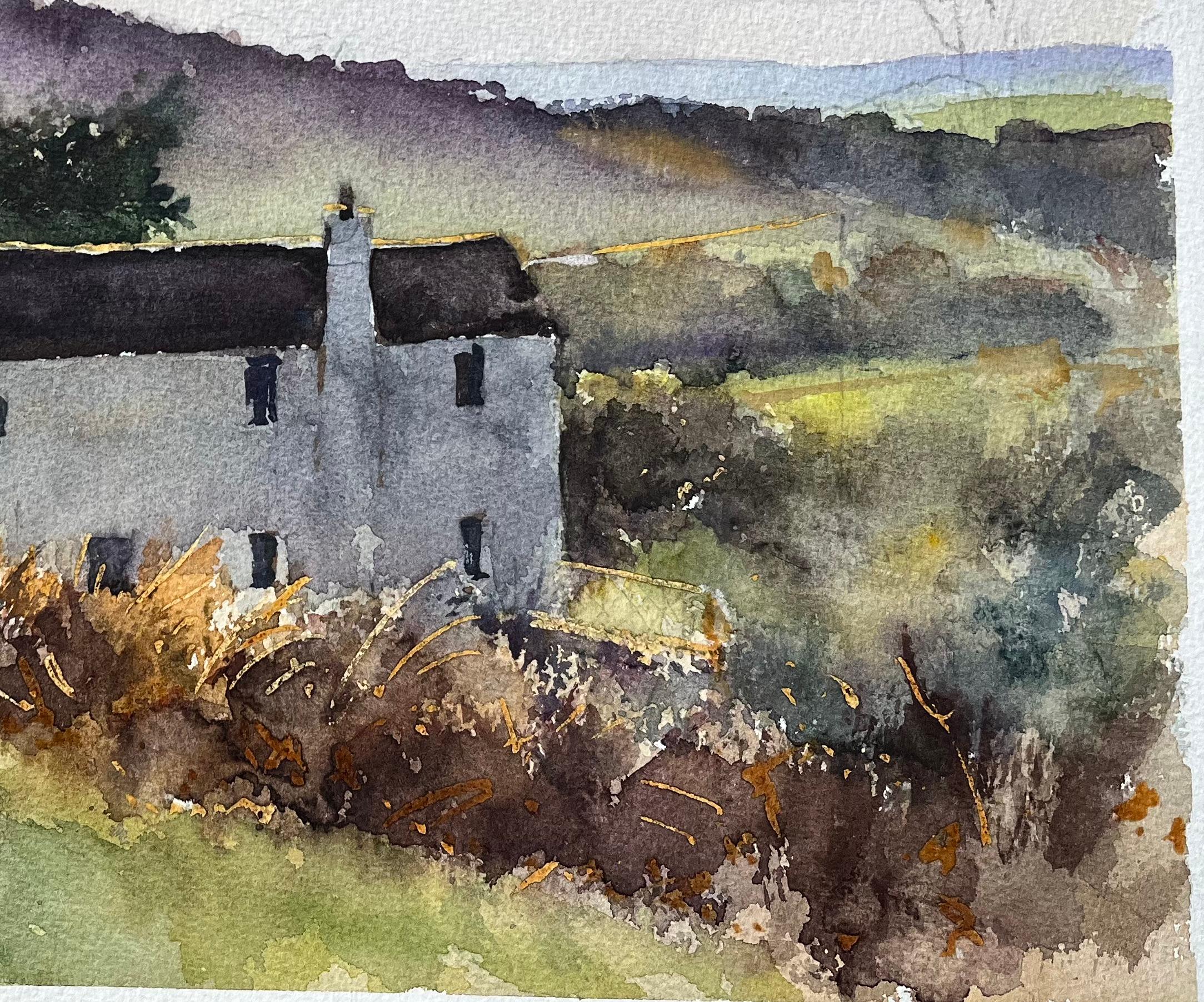 Britisches impressionistisches Aquarell eines Cottages in einer Mischung aus der britischen Landschaft (Grau), Landscape Painting, von Anthony Avery