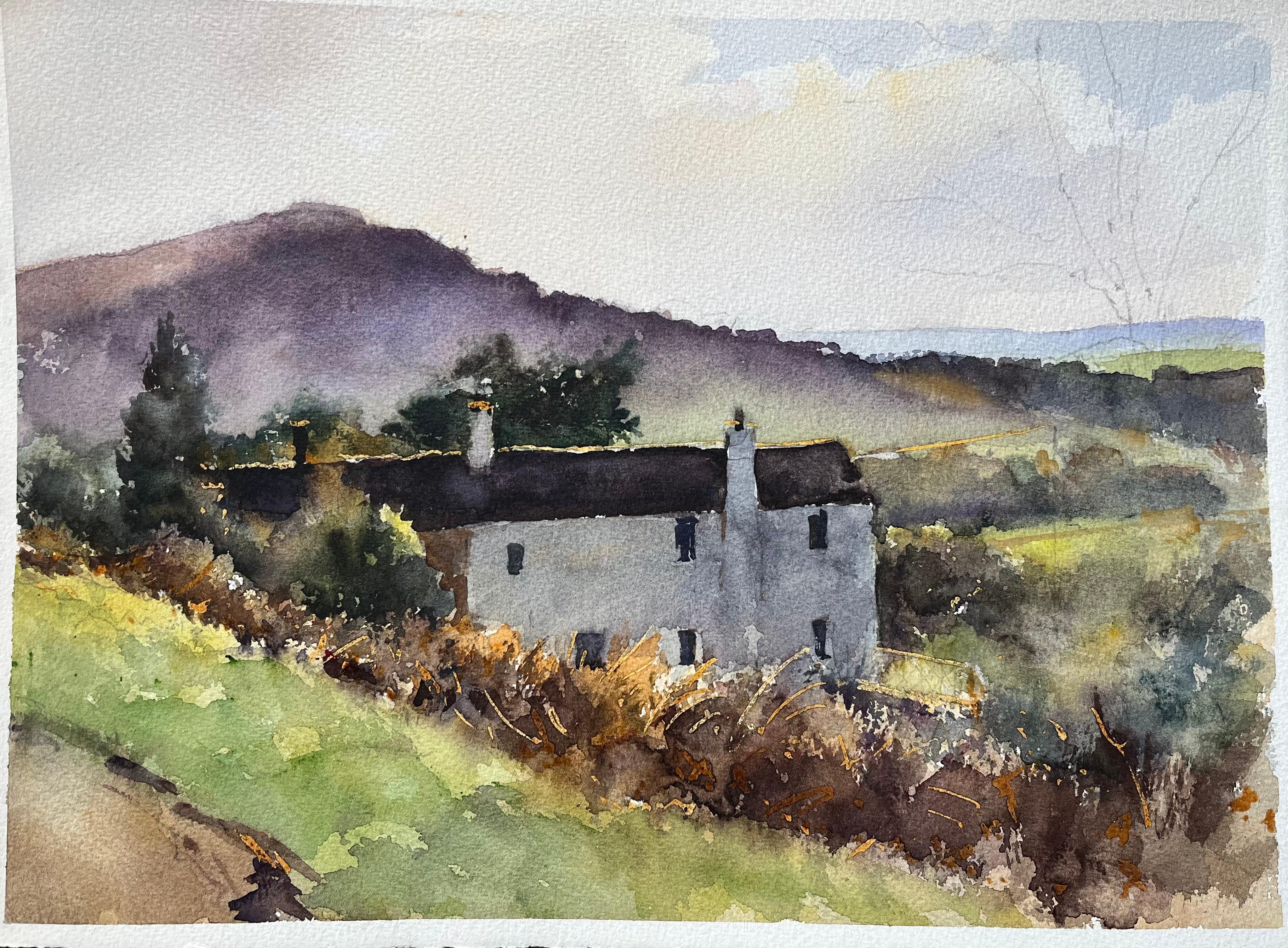 Britisches impressionistisches Aquarell eines Cottages in einer Mischung aus der britischen Landschaft