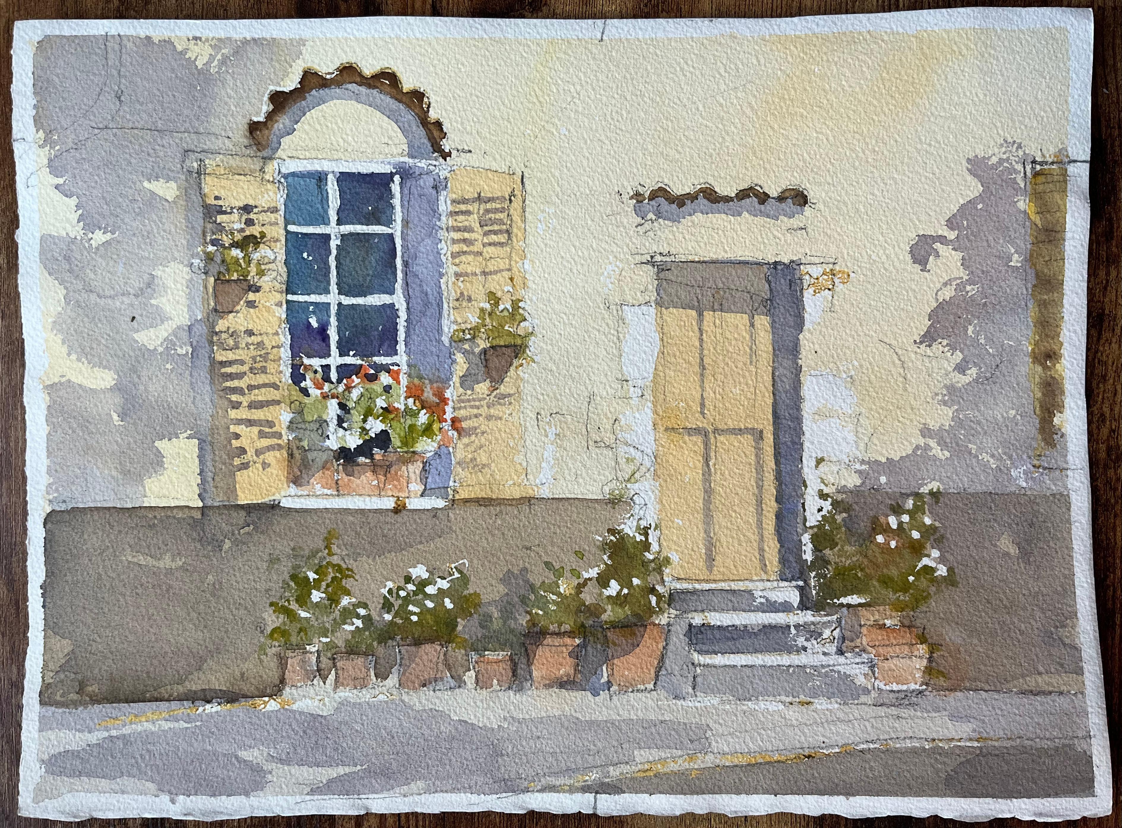 Acuarela impresionista británica de una ventana de casa de campo y macetas con flores - Painting de Anthony Avery
