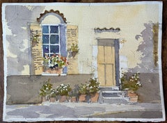 British Impressionist Watercolor of a Cottage Window and Flower Pots