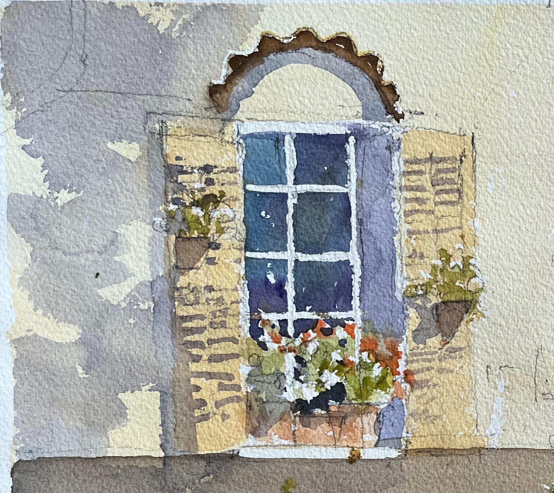 Acuarela impresionista británica de una ventana de casa de campo y macetas con flores - Painting Impresionista de Anthony Avery