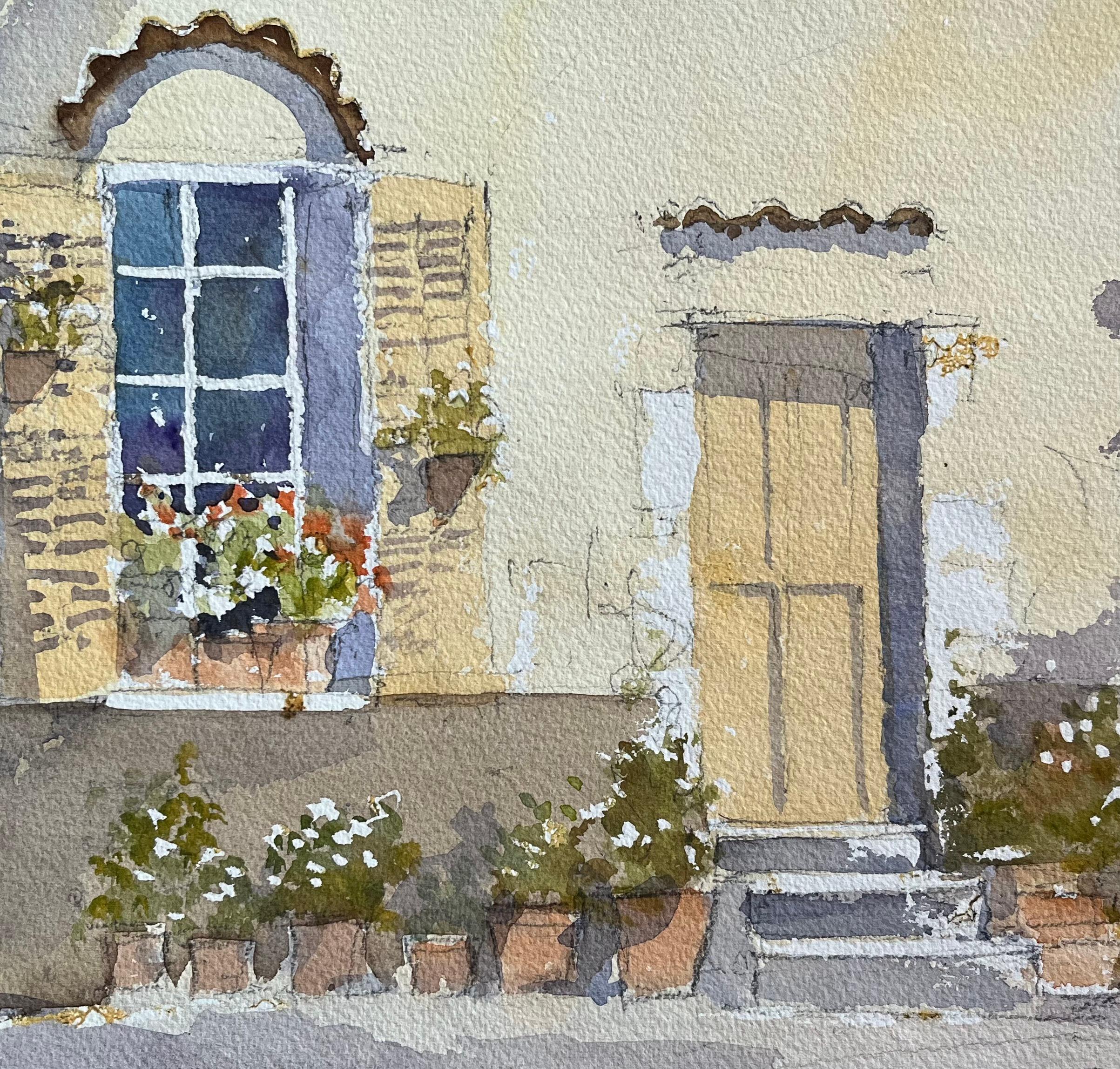 Acuarela impresionista británica de una ventana de casa de campo y macetas con flores en venta 1
