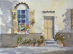 British Impressionist Watercolor of a Cottage Window and Flower Pots