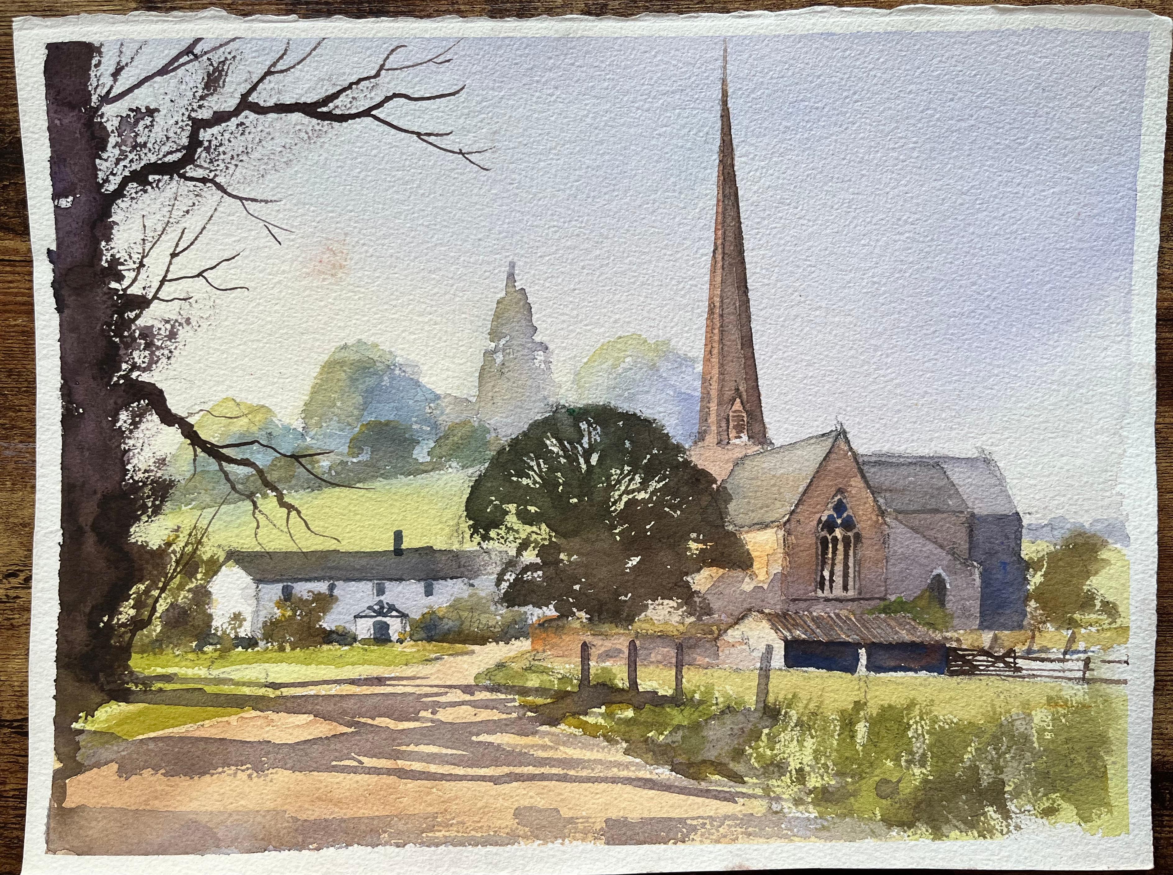 British Impressionist Watercolor of a Country Church and Cottage - Painting by Anthony Avery