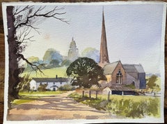 Acquerello impressionista britannico di una chiesa di campagna e di un cottage