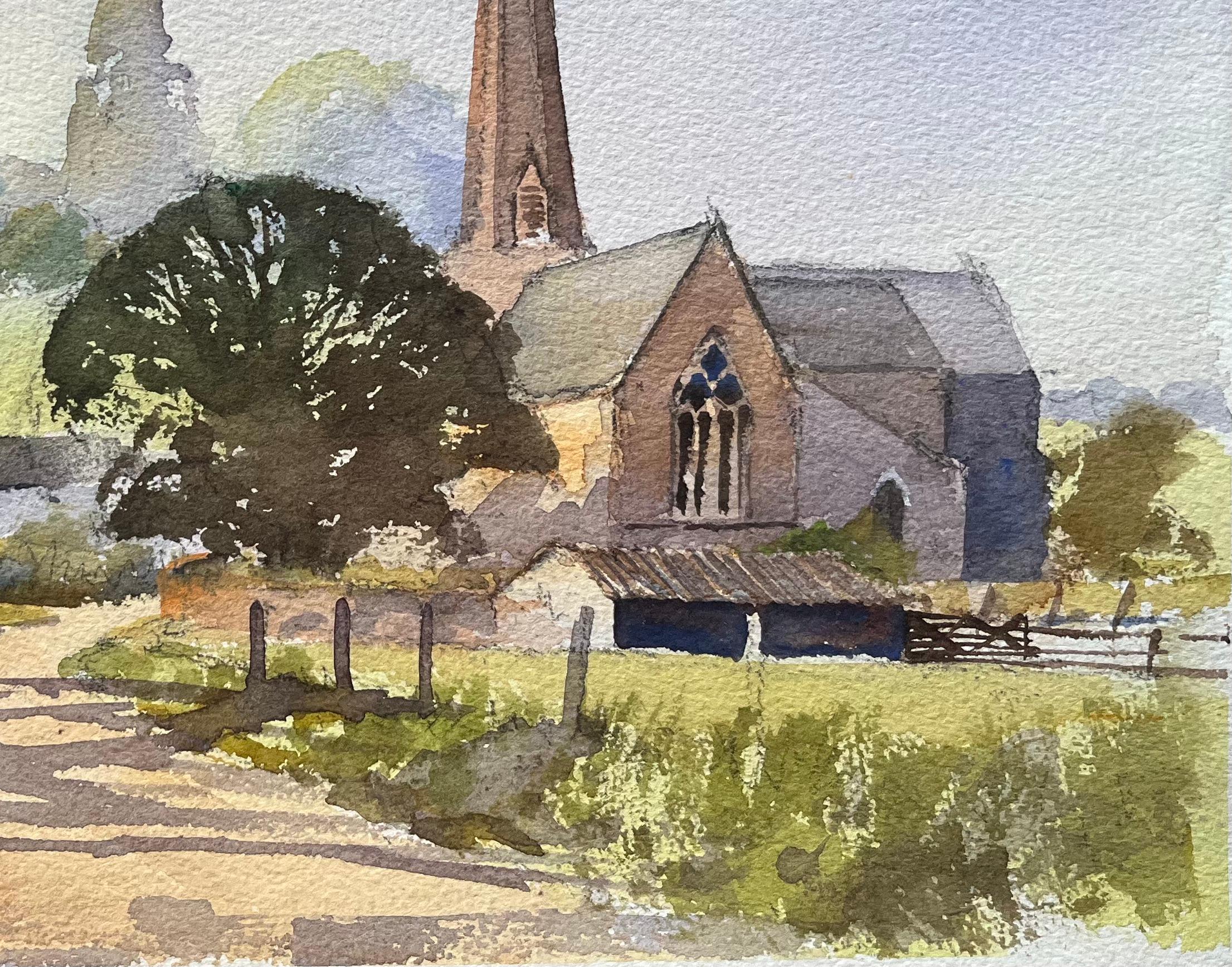 British Impressionist Watercolor of a Country Church and Cottage - Gray Landscape Painting by Anthony Avery