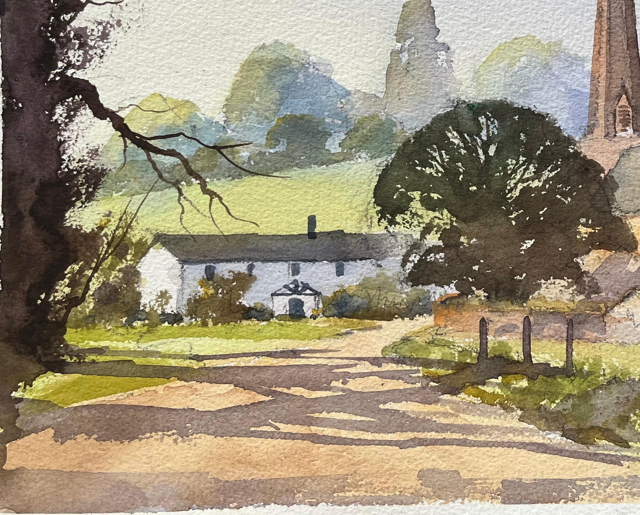 British Impressionist Watercolor of a Country Church and Cottage For Sale 1