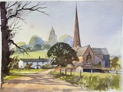British Impressionist Watercolor of a Country Church and Cottage