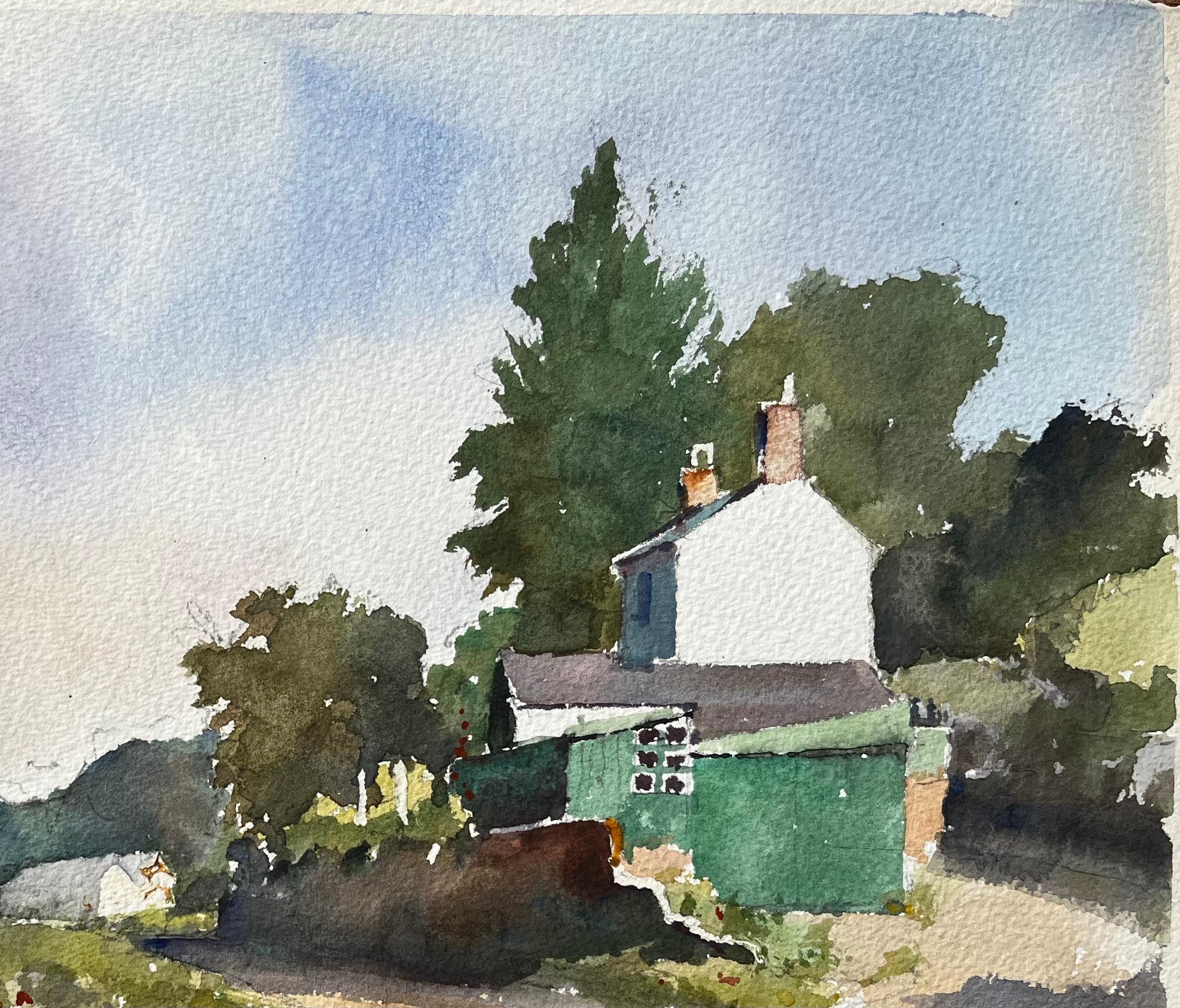 Britisches impressionistisches Aquarell eines Landhauses und eines Bauernhauses (Grau), Landscape Painting, von Anthony Avery