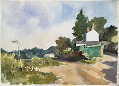 British Impressionist Watercolor of a Country Lane and Cottage