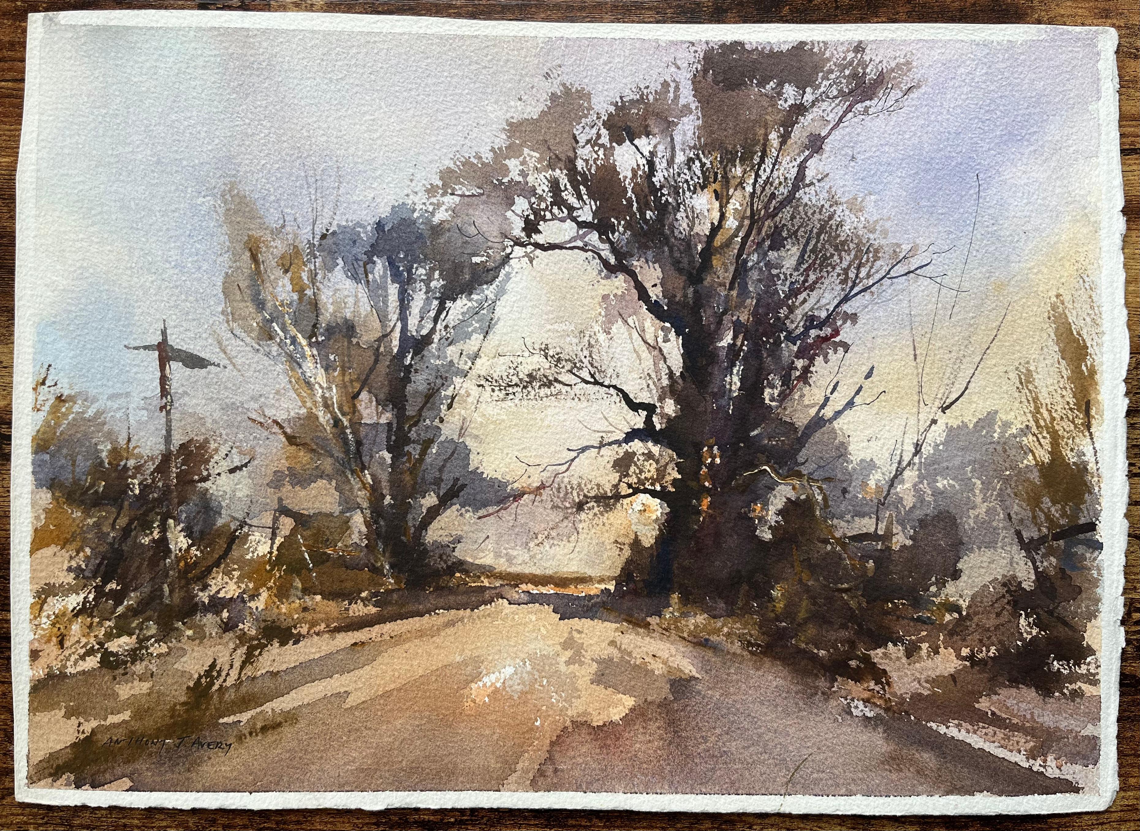 Aquarelle impressionniste britannique d'un chemin de campagne dans la lumière d'hiver - Painting de Anthony Avery