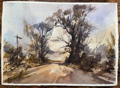 British Impressionist Watercolor of a Country Lane in Winter Light