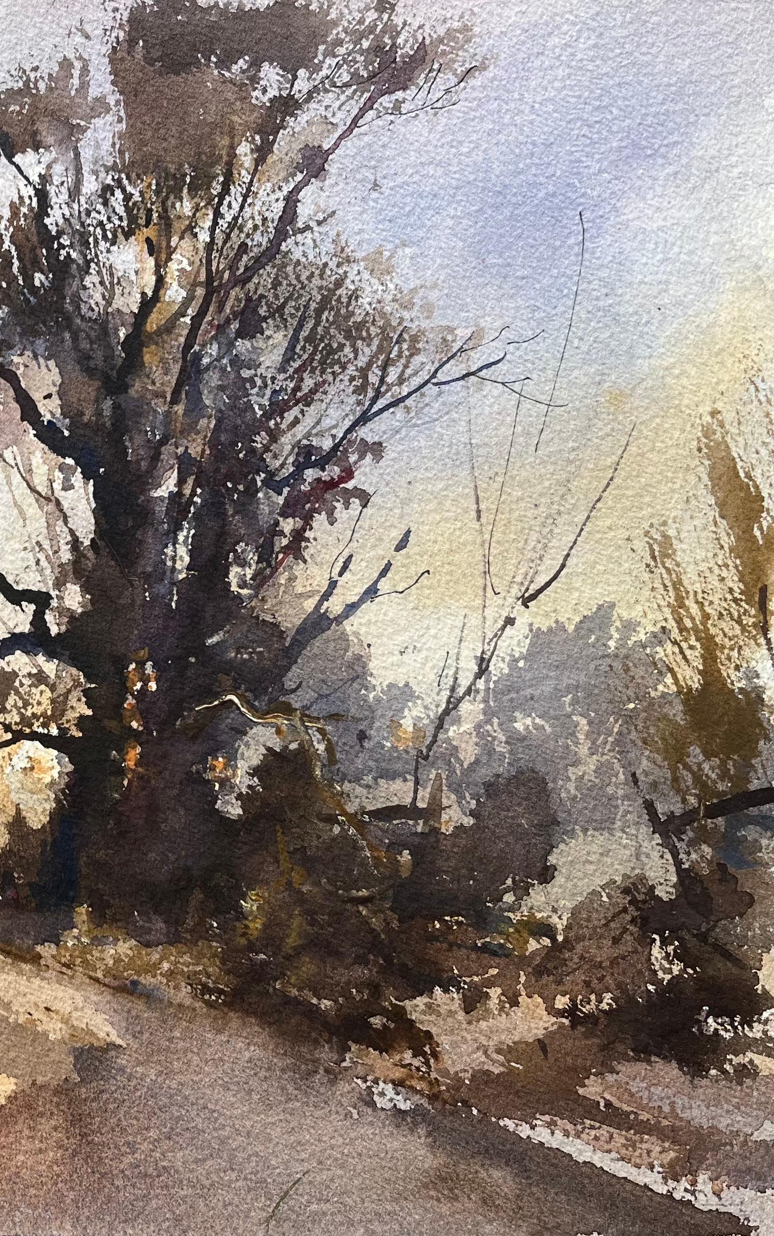 Aquarelle impressionniste britannique d'un chemin de campagne dans la lumière d'hiver - Impressionnisme Painting par Anthony Avery