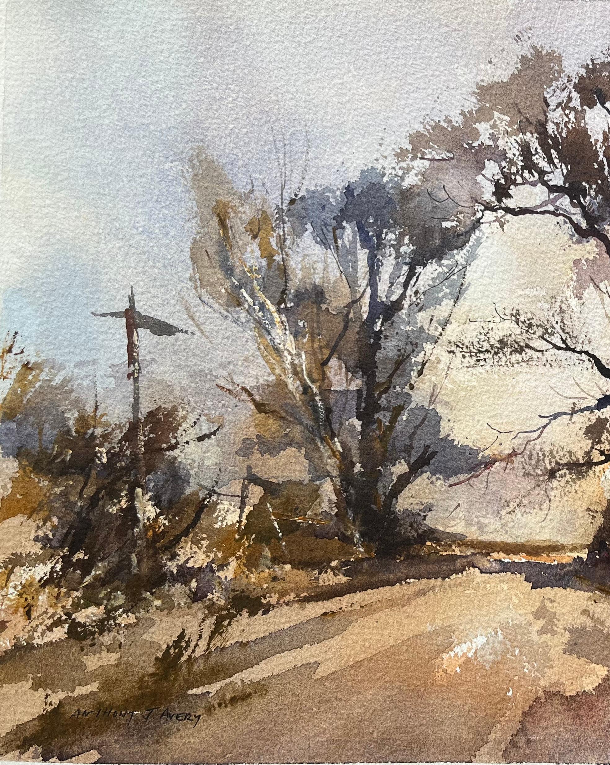 Titre : Aquarelle impressionniste britannique d'un chemin de campagne dans la lumière d'hiver
par Anthony Avery (britannique 1946-2023)
Aquarelle originale sur papier d'artiste, non encadrée
Dimensions : 10.75 x 15.25 pouces (Hauteur x