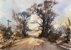 British Impressionist Watercolor of a Country Lane in Winter Light