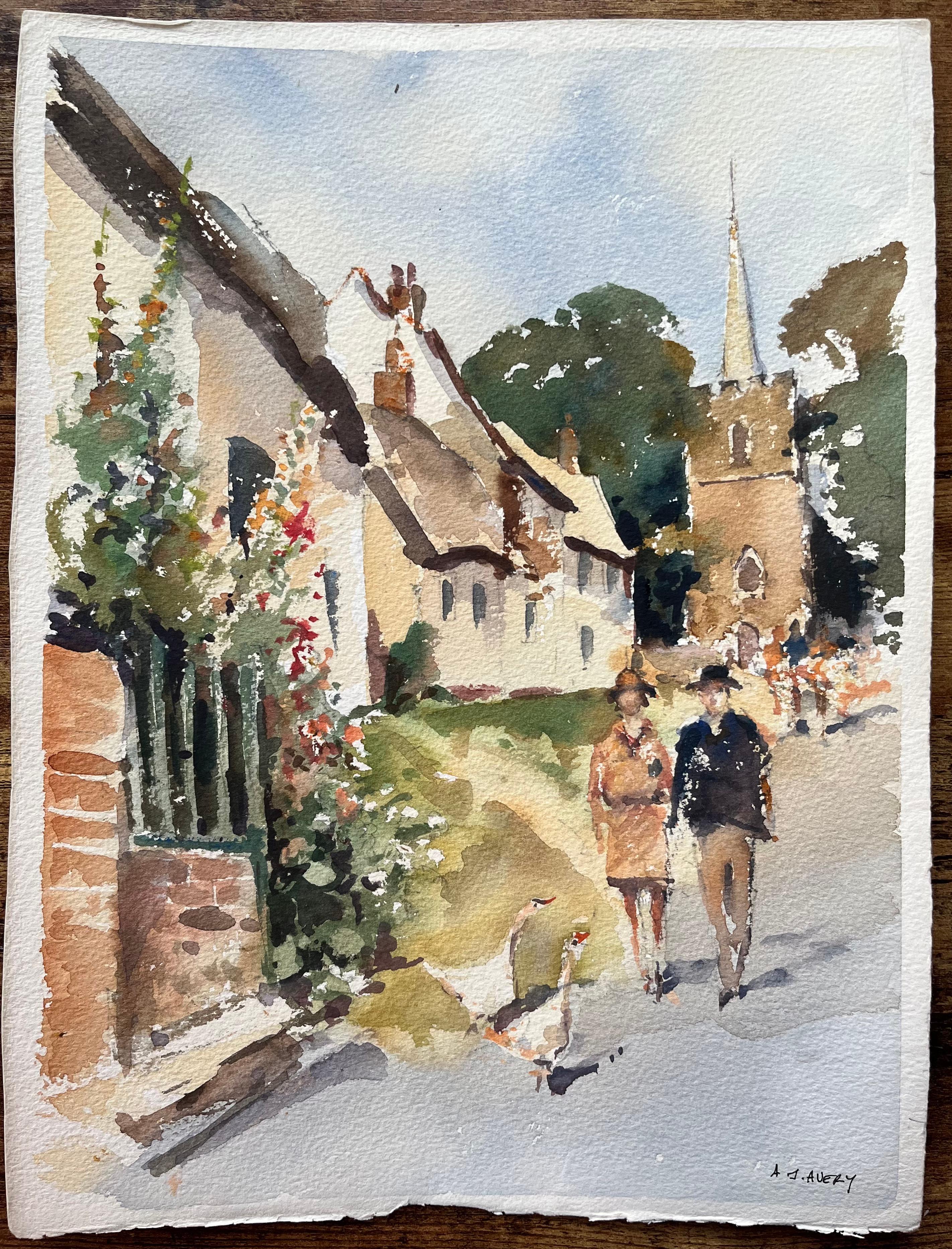 British Impressionist Watercolor of a Country Lane with Church and Geese - Painting by Anthony Avery