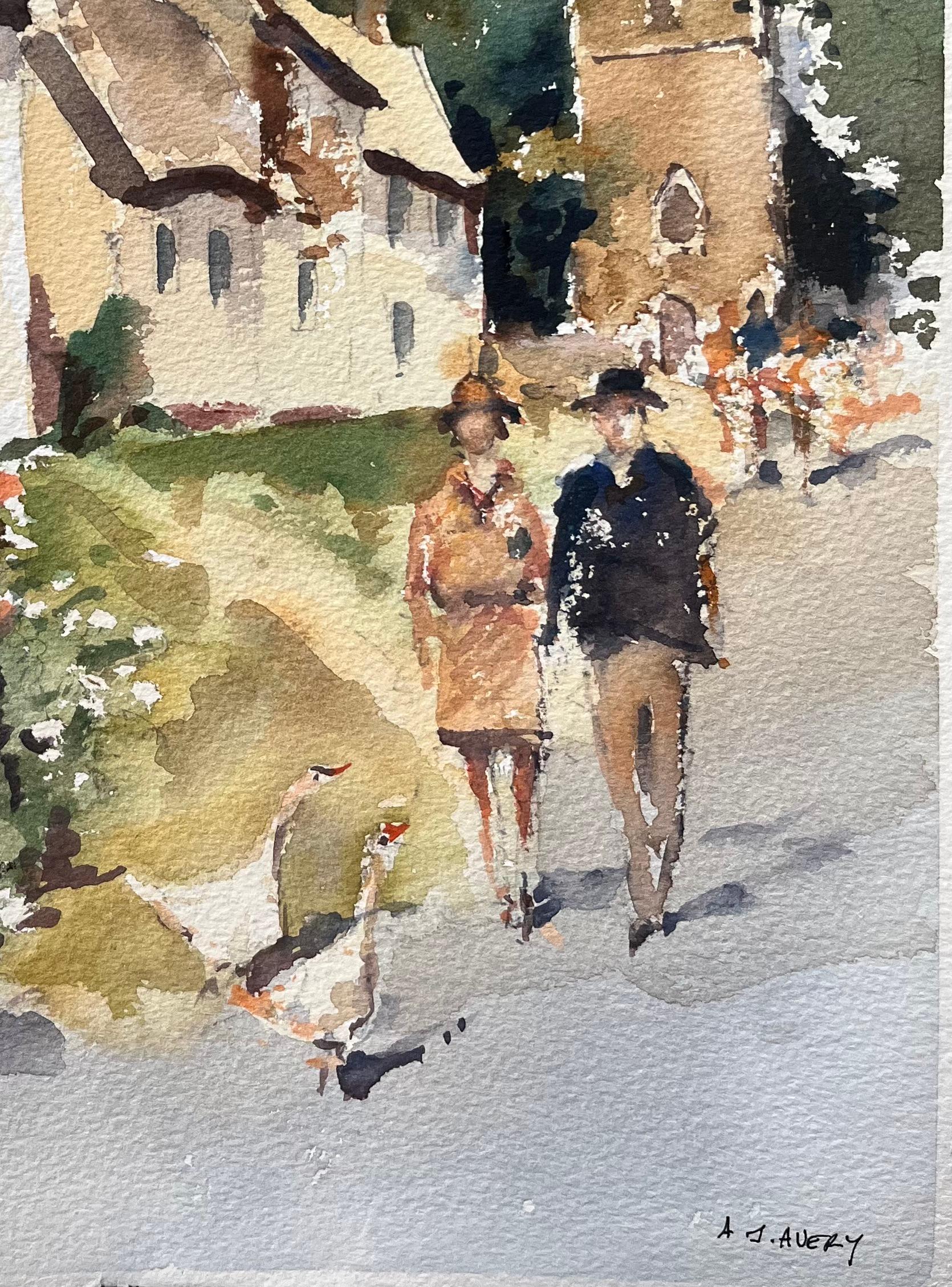 British Impressionist Watercolor of a Country Lane with Church and Geese - Beige Landscape Painting by Anthony Avery