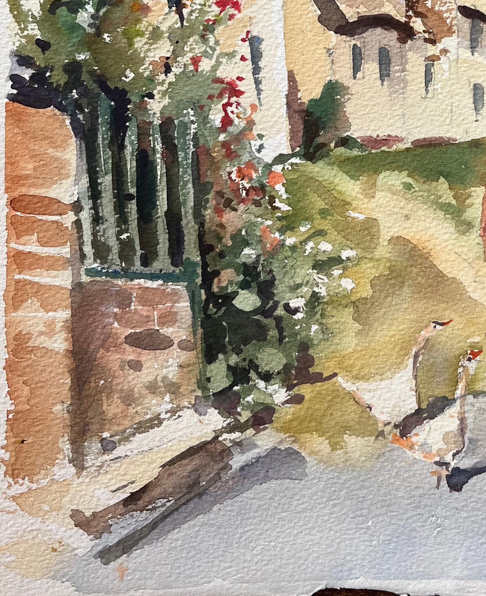 British Impressionist Watercolor of a Country Lane with Church and Geese For Sale 1