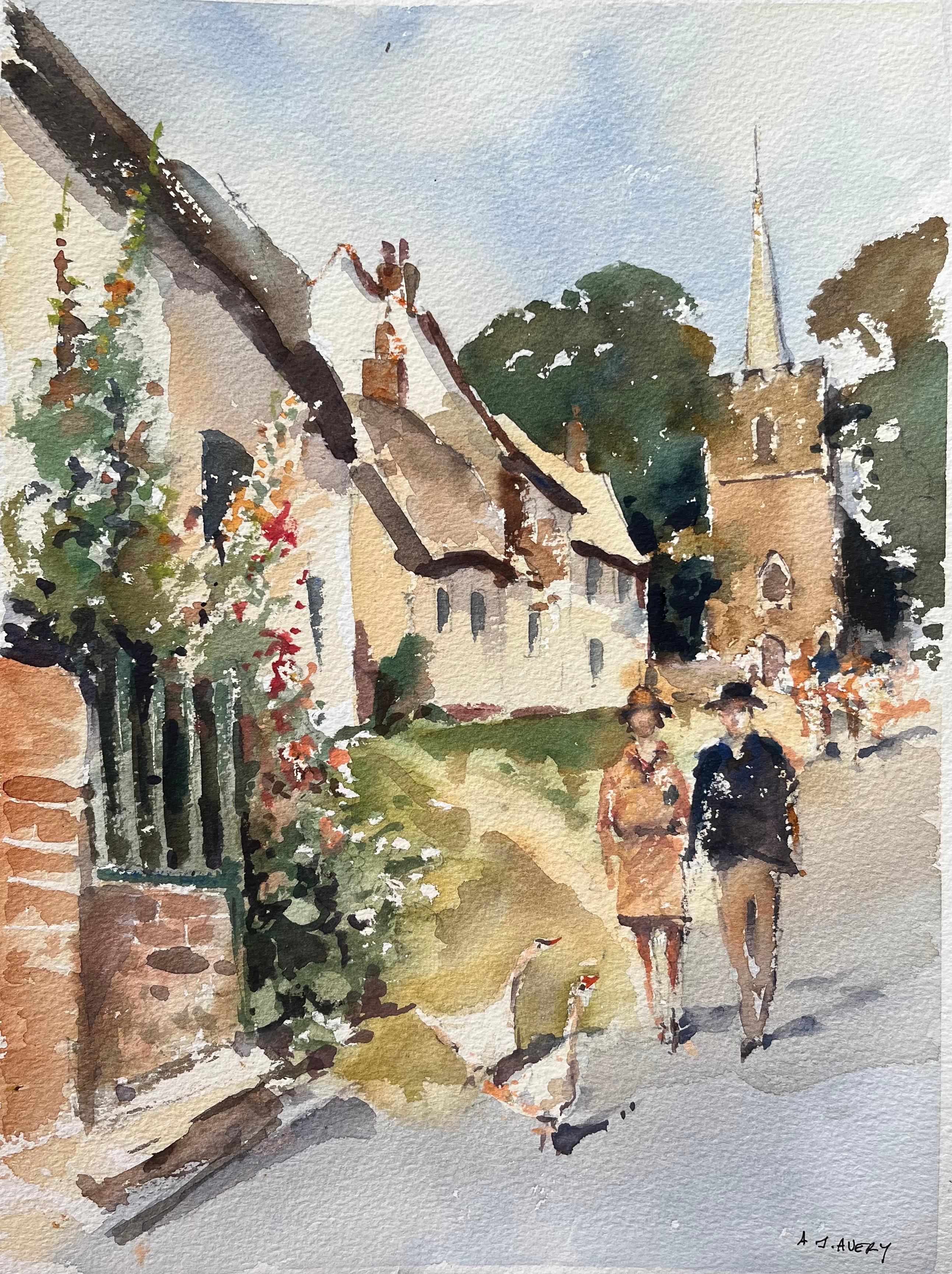 Anthony Avery Landscape Painting - British Impressionist Watercolor of a Country Lane with Church and Geese