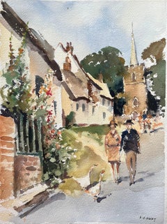 Britischer Impressionist Aquarell einer Country Lane's mit Church's und Gänsen