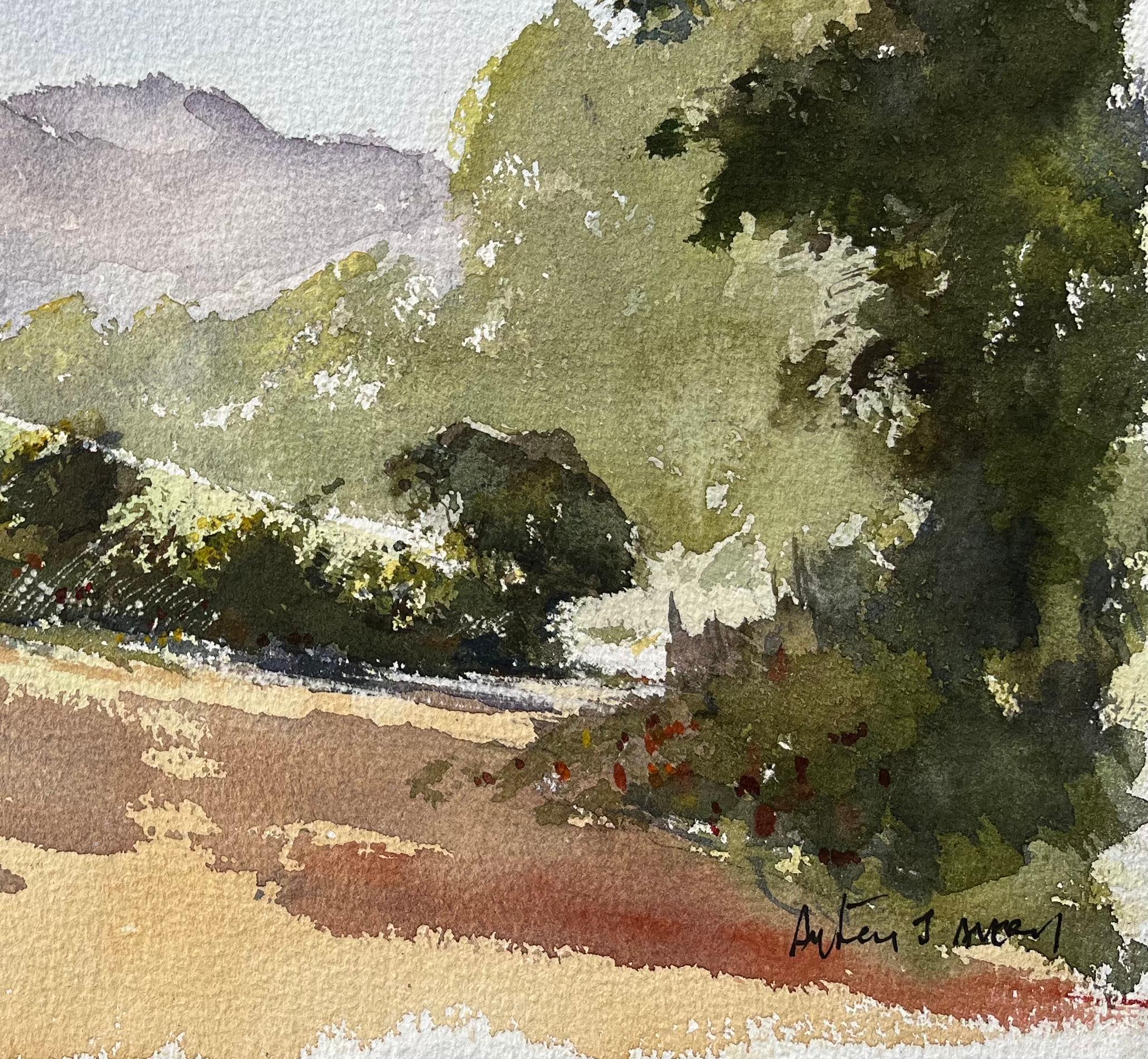 Aquarelle impressionniste britannique d'un chemin de campagne avec des collines lointaines - Impressionnisme Painting par Anthony Avery