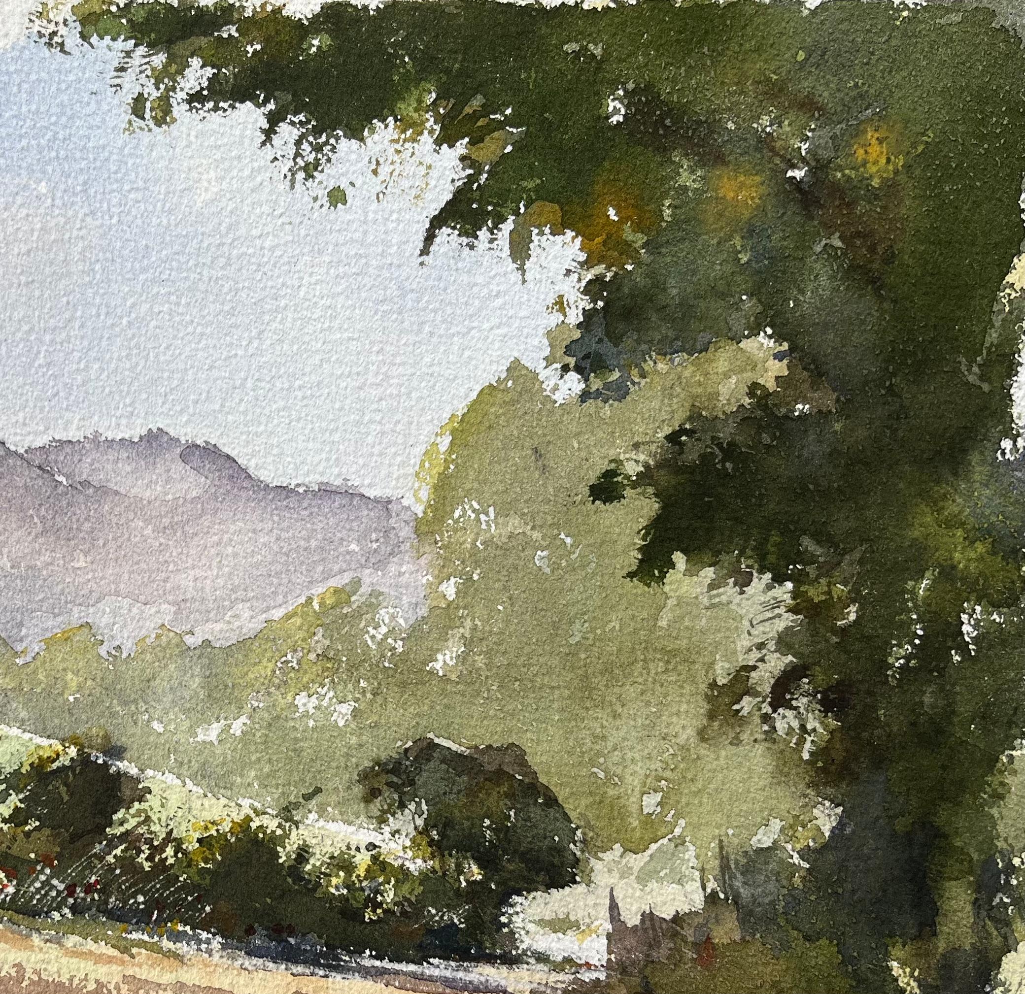 Aquarelle impressionniste britannique d'un chemin de campagne avec des collines lointaines - Beige Landscape Painting par Anthony Avery