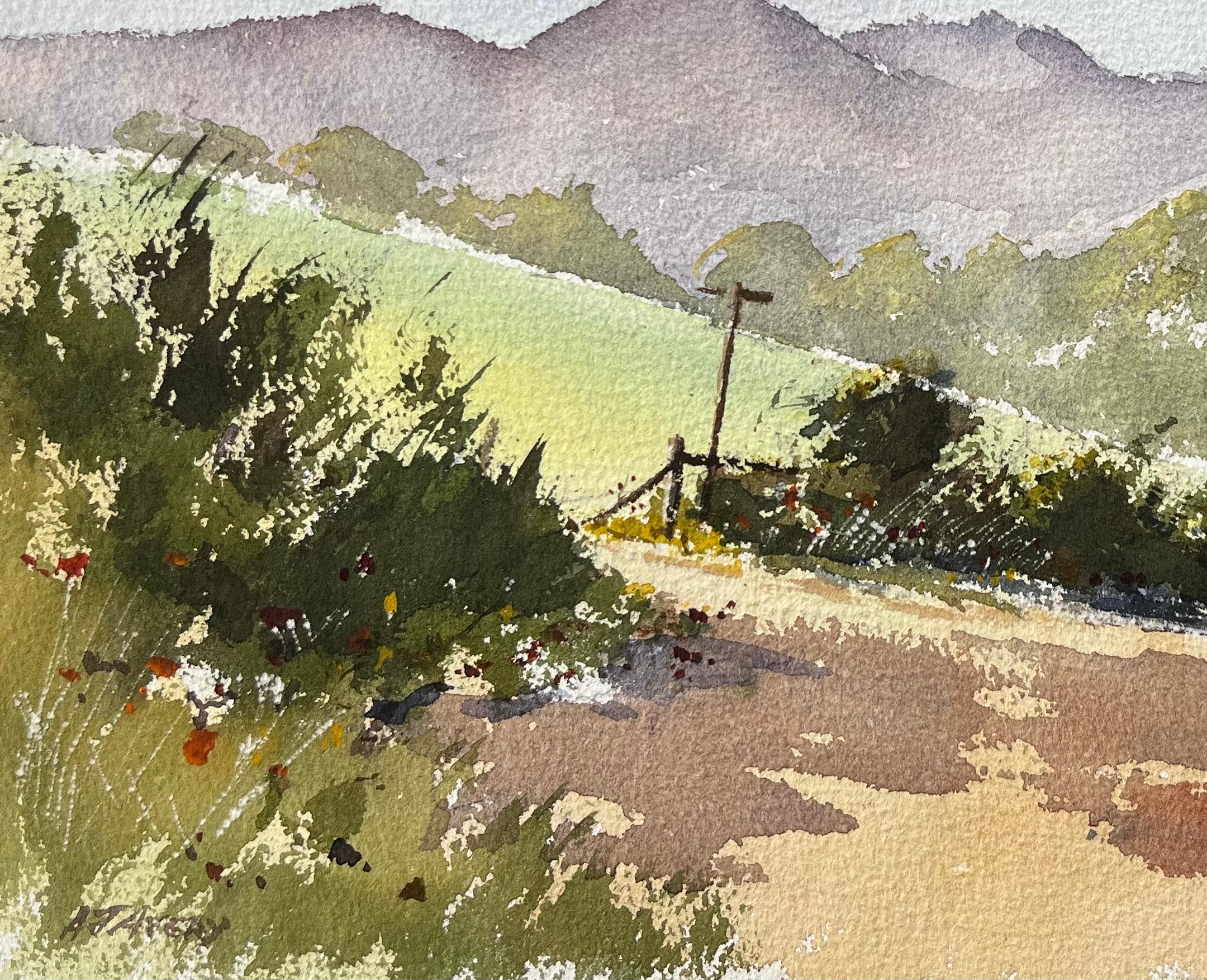 Titre : Aquarelle impressionniste britannique d'un chemin de campagne avec des collines lointaines
par Anthony Avery (britannique 1946-2023)
Aquarelle originale sur papier d'artiste, non encadrée
Dimensions : 11 x 15 pouces (hauteur x