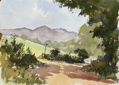 British Impressionist Watercolor of a Country Lane with Distant Hills