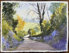 British Impressionist Watercolor of a Country Lane with Spring Bluebells